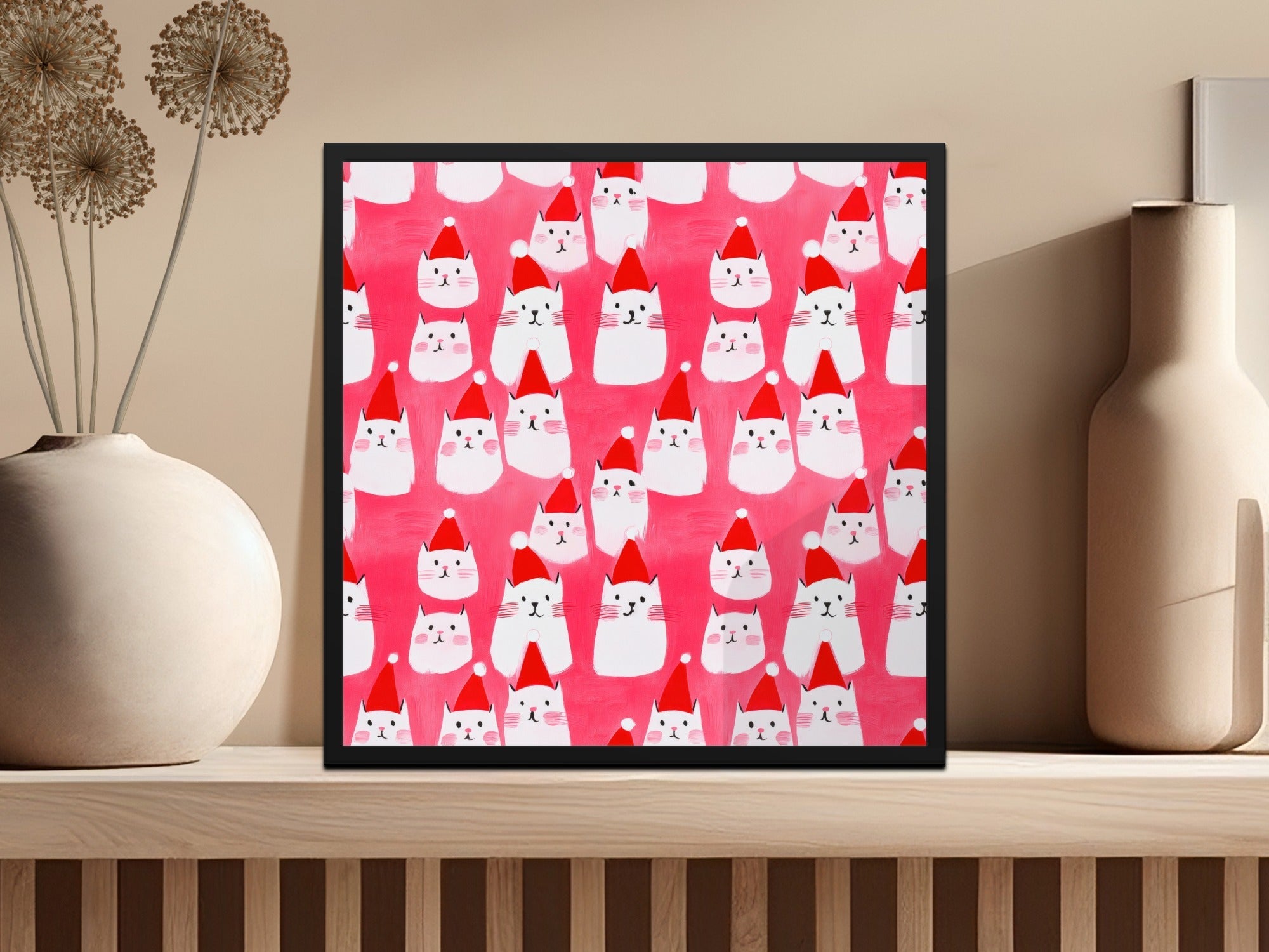 Red Pink Cat Santa Hat Digital Paper, Christmas Kitten Pattern, Holiday Pet Fabric Design, Winter Festive Download, Seamless - Moore and Mountain