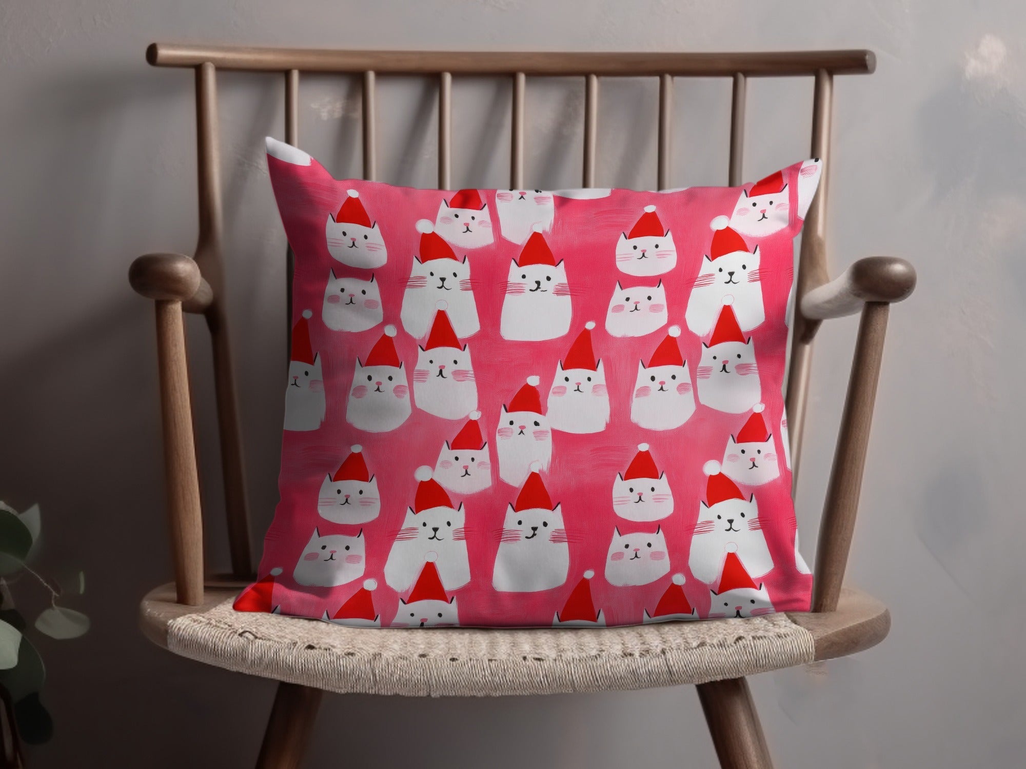 Red Pink Cat Santa Hat Digital Paper, Christmas Kitten Pattern, Holiday Pet Fabric Design, Winter Festive Download, Seamless - Moore and Mountain