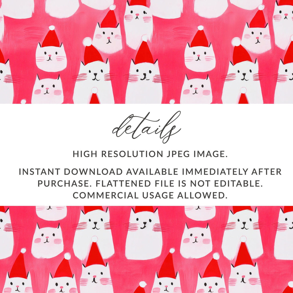 Red Pink Cat Santa Hat Digital Paper, Christmas Kitten Pattern, Holiday Pet Fabric Design, Winter Festive Download, Seamless - Moore and Mountain