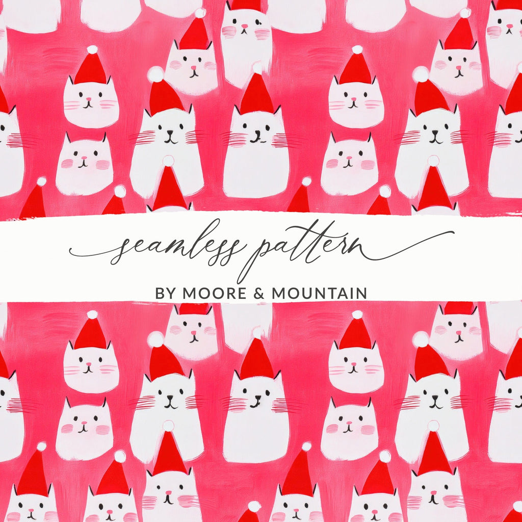 Red Pink Cat Santa Hat Digital Paper, Christmas Kitten Pattern, Holiday Pet Fabric Design, Winter Festive Download, Seamless - Moore and Mountain