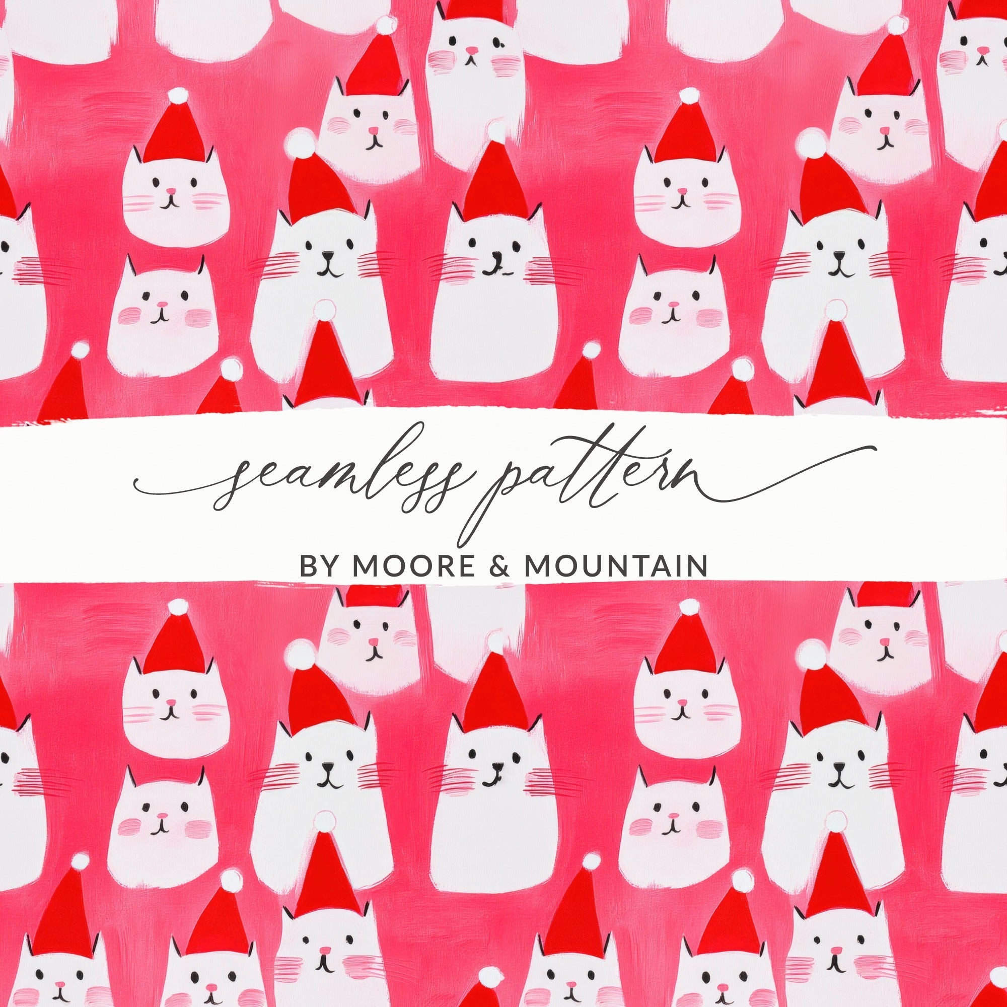 Red Pink Cat Santa Hat Digital Paper, Christmas Kitten Pattern, Holiday Pet Fabric Design, Winter Festive Download, Seamless - Moore and Mountain