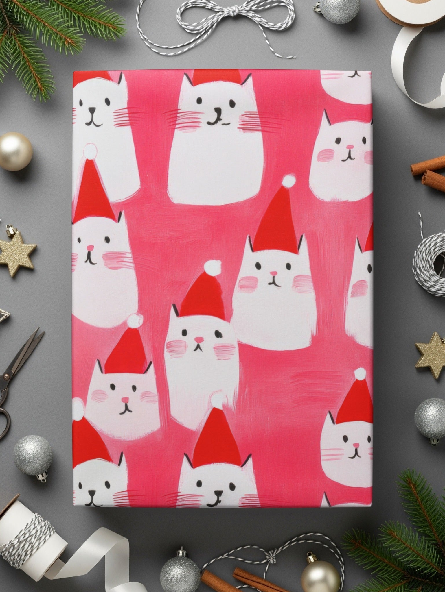 Red Pink Cat Santa Hat Digital Paper, Christmas Kitten Pattern, Holiday Pet Fabric Design, Winter Festive Download, Seamless - Moore and Mountain