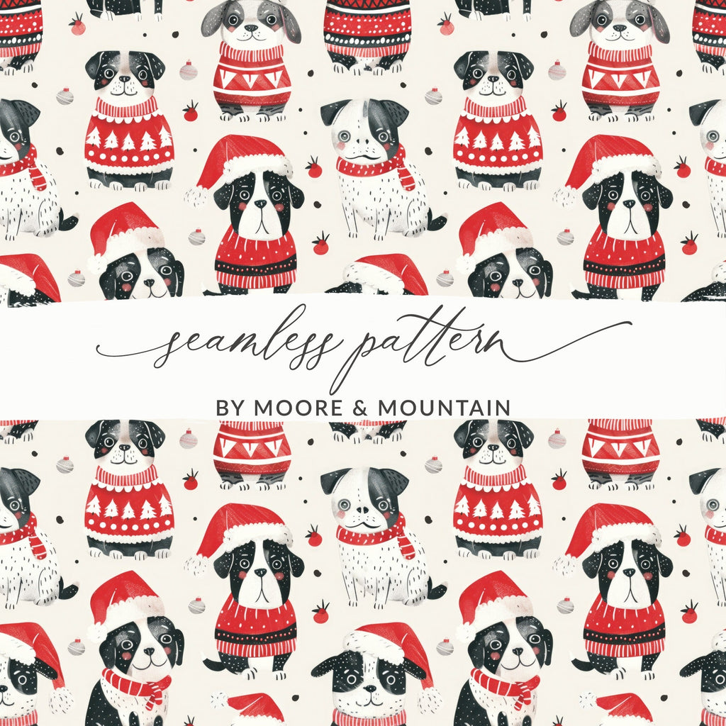 Red Winter Dogs in Santa Hats Pattern Repeat Digital - Moore and Mountain