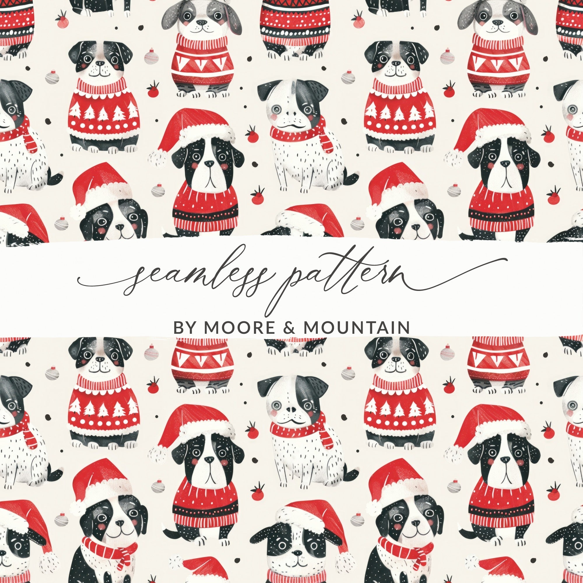 Red Winter Dogs in Santa Hats Pattern Repeat Digital - Moore and Mountain