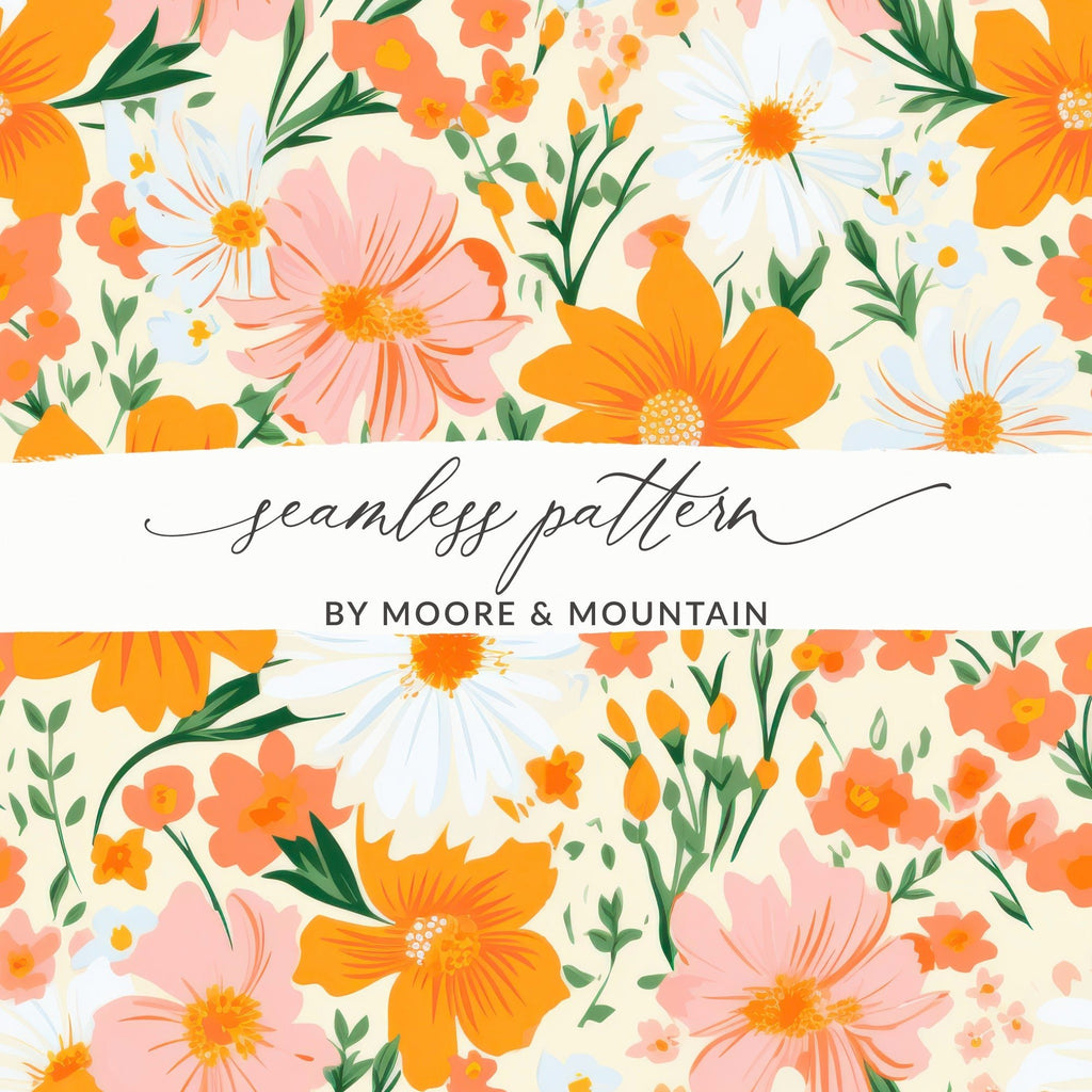 Retro Orange and Pink Bold Blooms Floral Background for POD Commercial Use - Moore and Mountain