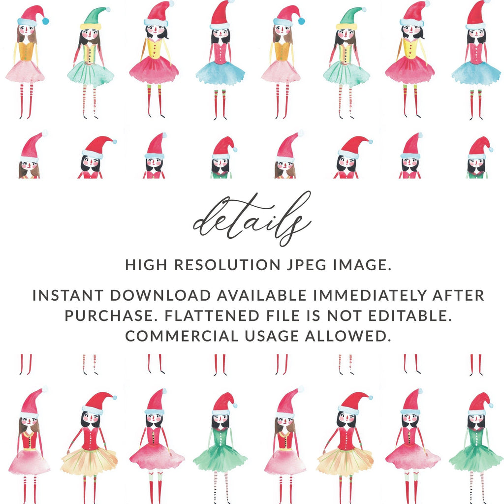 Santa's Helper Watercolor Elf Girls Seamless Pattern Digital - Moore and Mountain