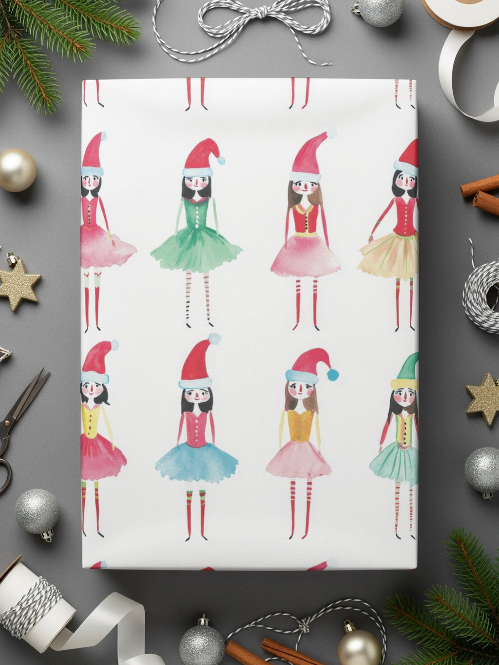Santa's Helper Watercolor Elf Girls Seamless Pattern Digital - Moore and Mountain
