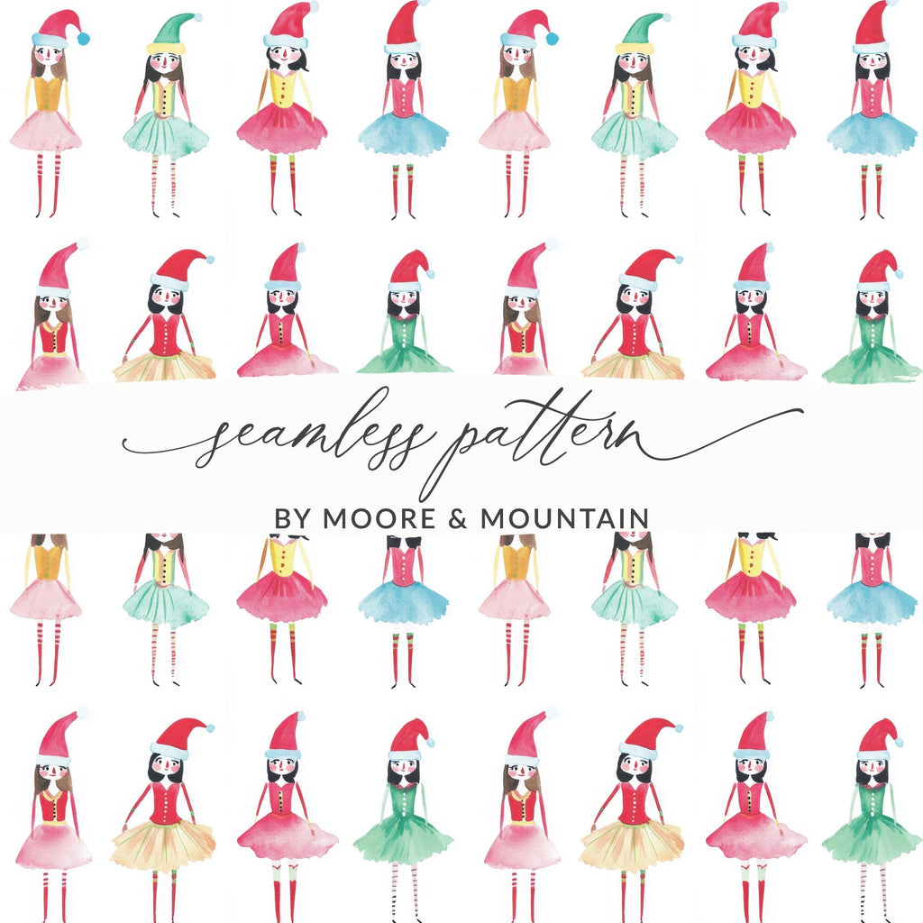 Santa's Helper Watercolor Elf Girls Seamless Pattern Digital - Moore and Mountain