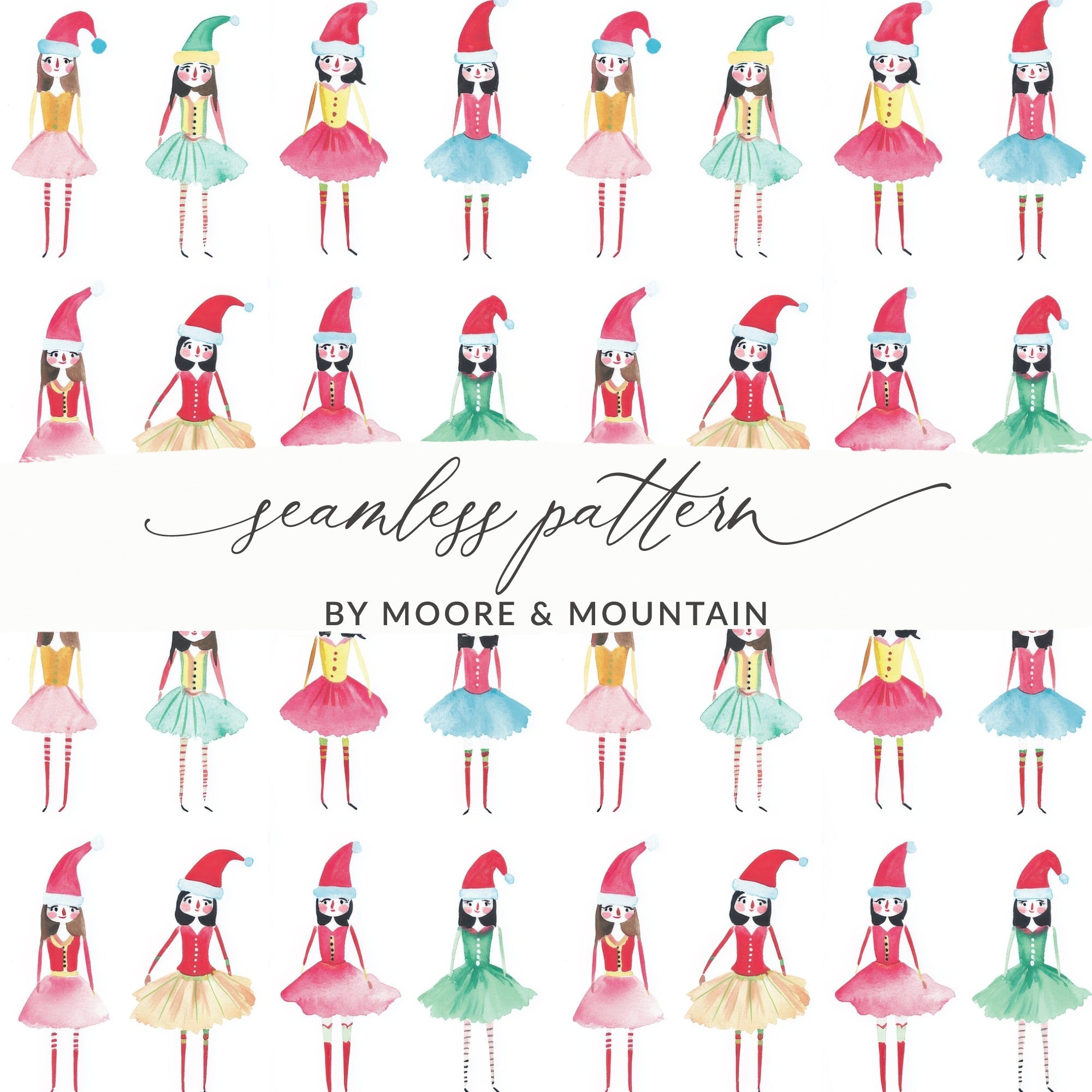 Santa's Helper Watercolor Elf Girls Seamless Pattern Digital - Moore and Mountain