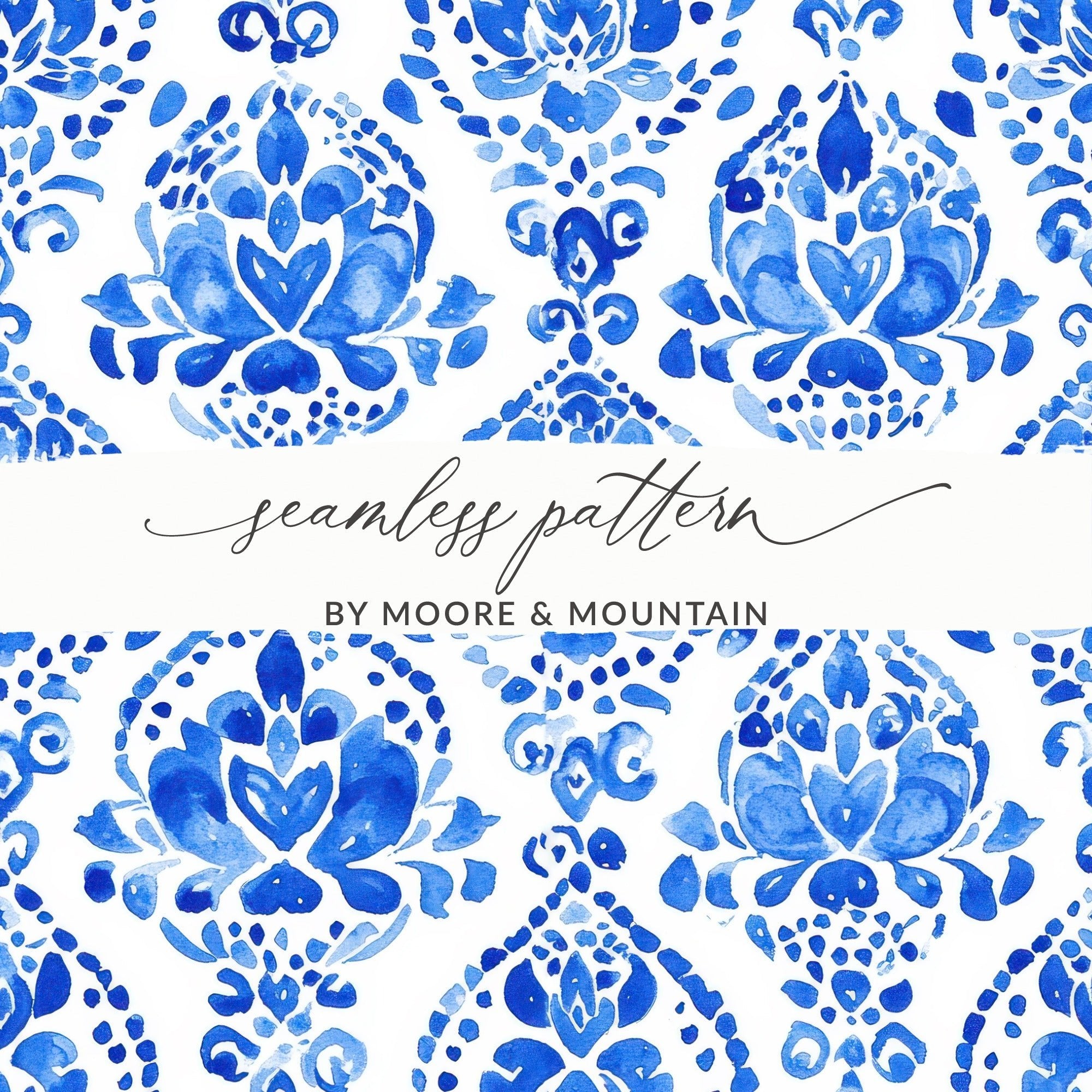 Seamless Art Noveau Pattern Intricate Floral in Blue and White Watercolors Digital - Moore and Mountain