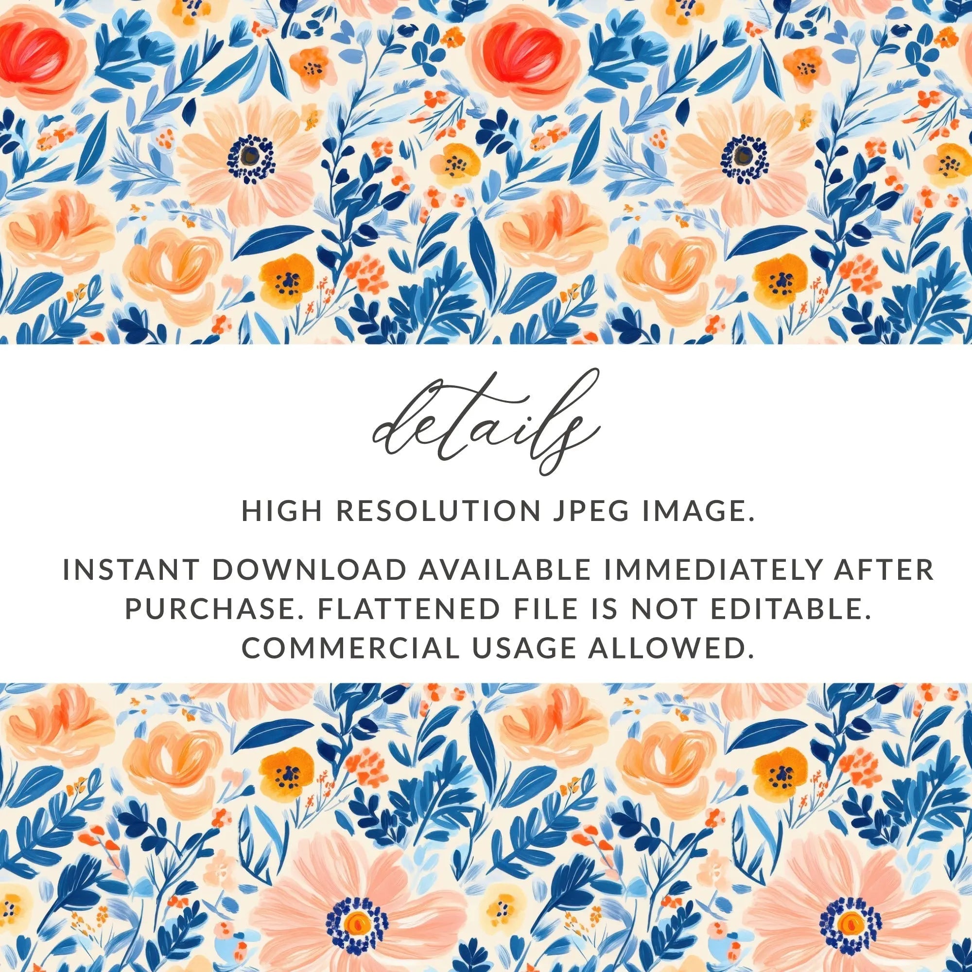 Seamless Ditsy Floral Pattern Digital Paper, Peach, Blue, Botanical, Commercial Use, Print on Demand, 12x12 Inch JPEG - Moore and Mountain