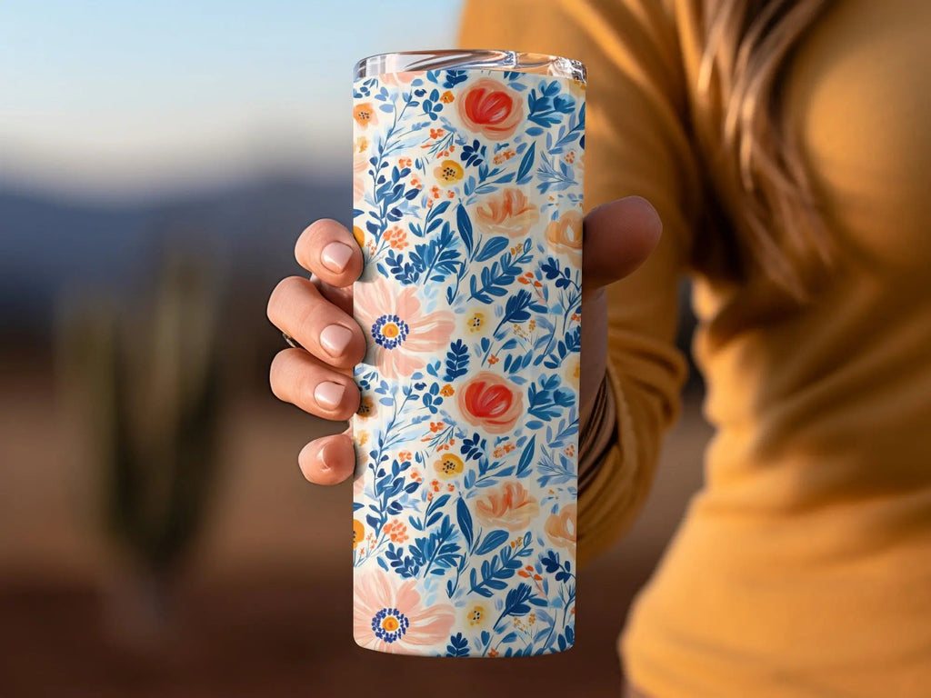 Seamless Ditsy Floral Pattern Digital Paper, Peach, Blue, Botanical, Commercial Use, Print on Demand, 12x12 Inch JPEG - Moore and Mountain