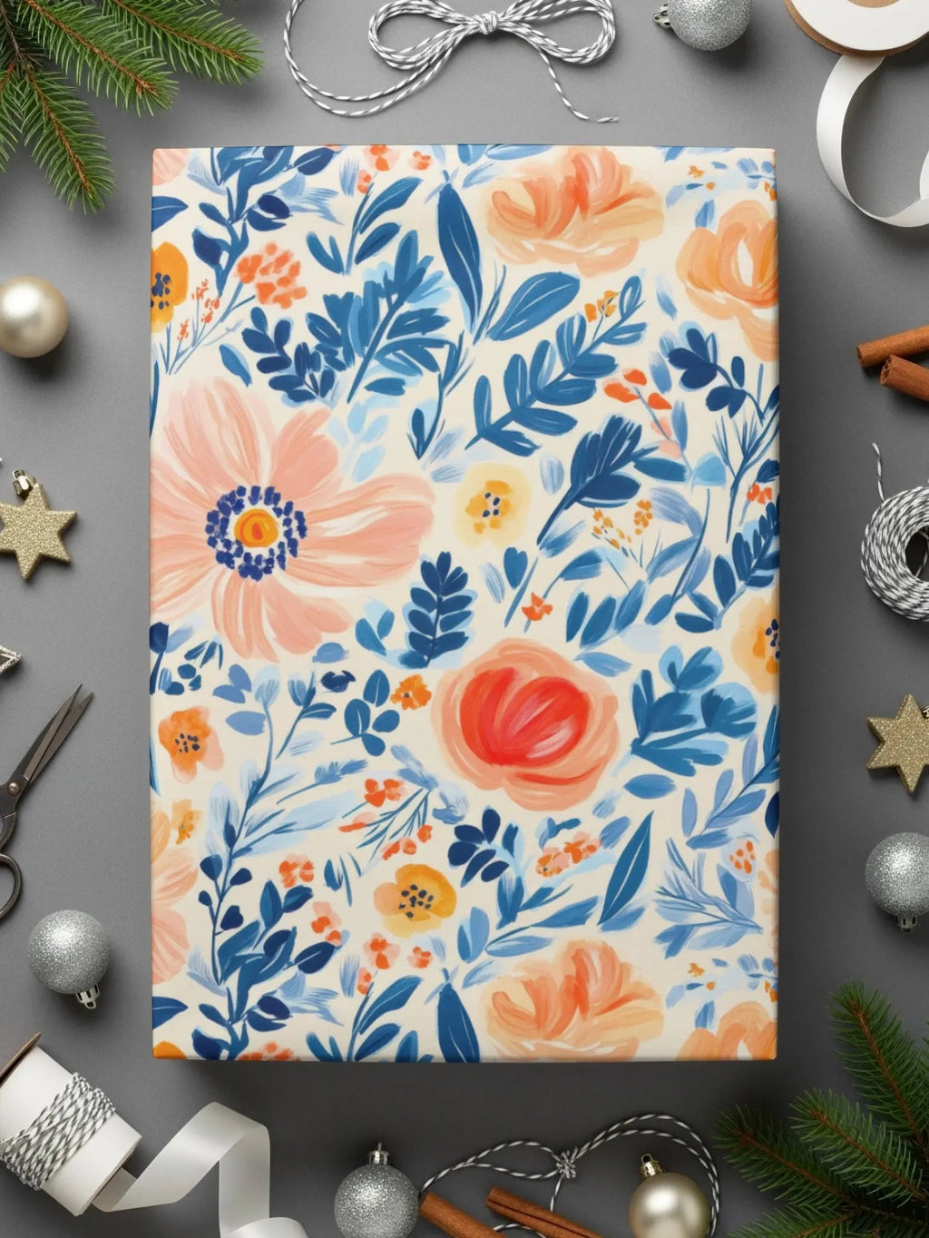 Seamless Ditsy Floral Pattern Digital Paper, Peach, Blue, Botanical, Commercial Use, Print on Demand, 12x12 Inch JPEG - Moore and Mountain