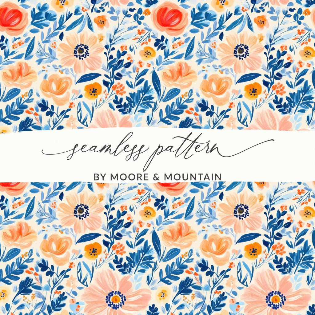 Seamless Ditsy Floral Pattern Digital Paper, Peach, Blue, Botanical, Commercial Use, Print on Demand, 12x12 Inch JPEG - Moore and Mountain