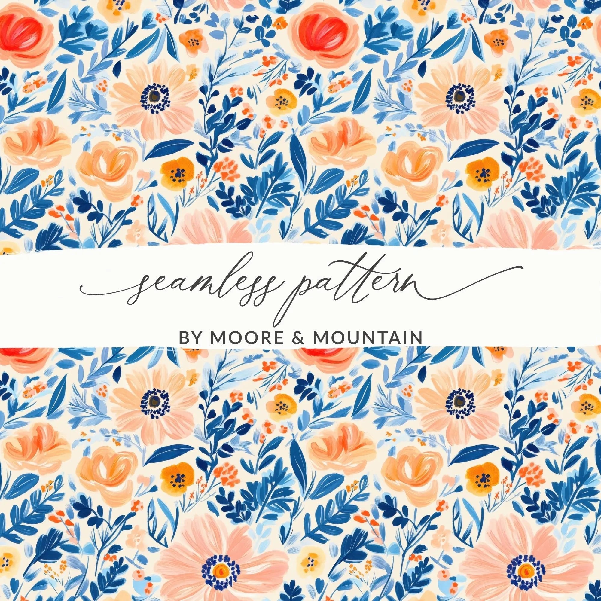 Seamless Ditsy Floral Pattern Digital Paper, Peach, Blue, Botanical, Commercial Use, Print on Demand, 12x12 Inch JPEG - Moore and Mountain