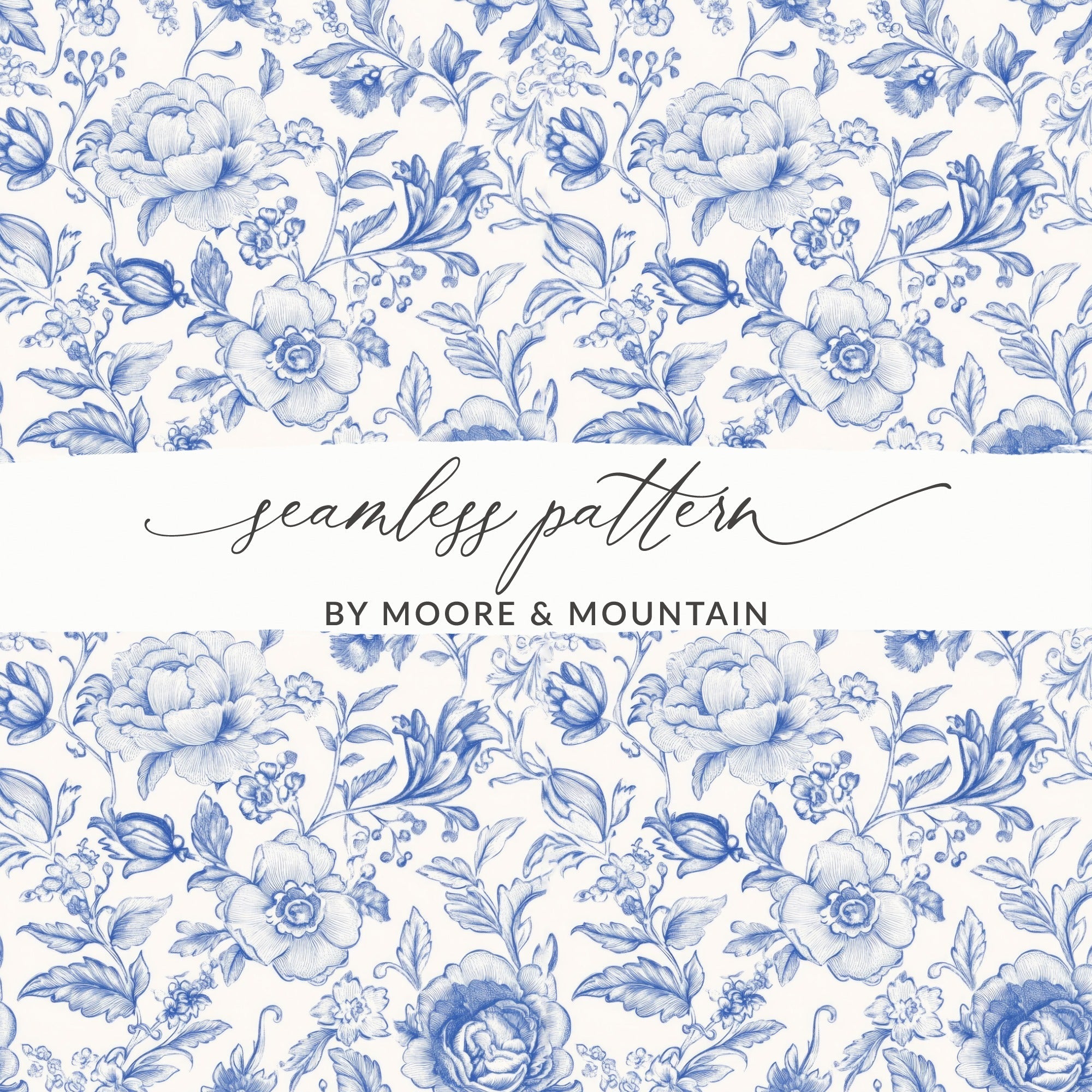 Seamless Toile Blue Floral Patterned Backdrop Decorative Design Digital - Moore and Mountain