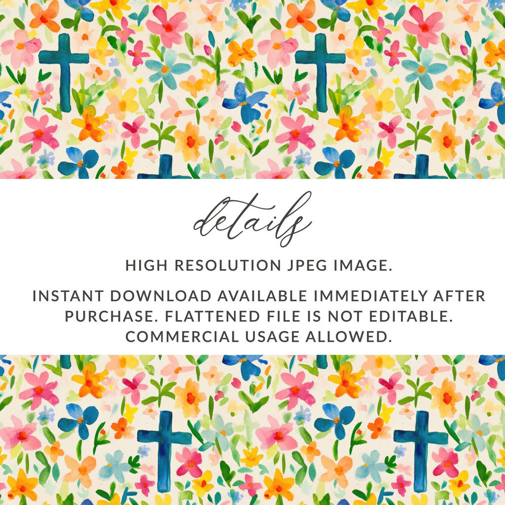 Spring Easter Floral Cross Seamless Pattern Digital Paper Pack, Watercolor Flowers Background Texture, Christian Themed Design, Printable Scrapbook - Moore and Mountain