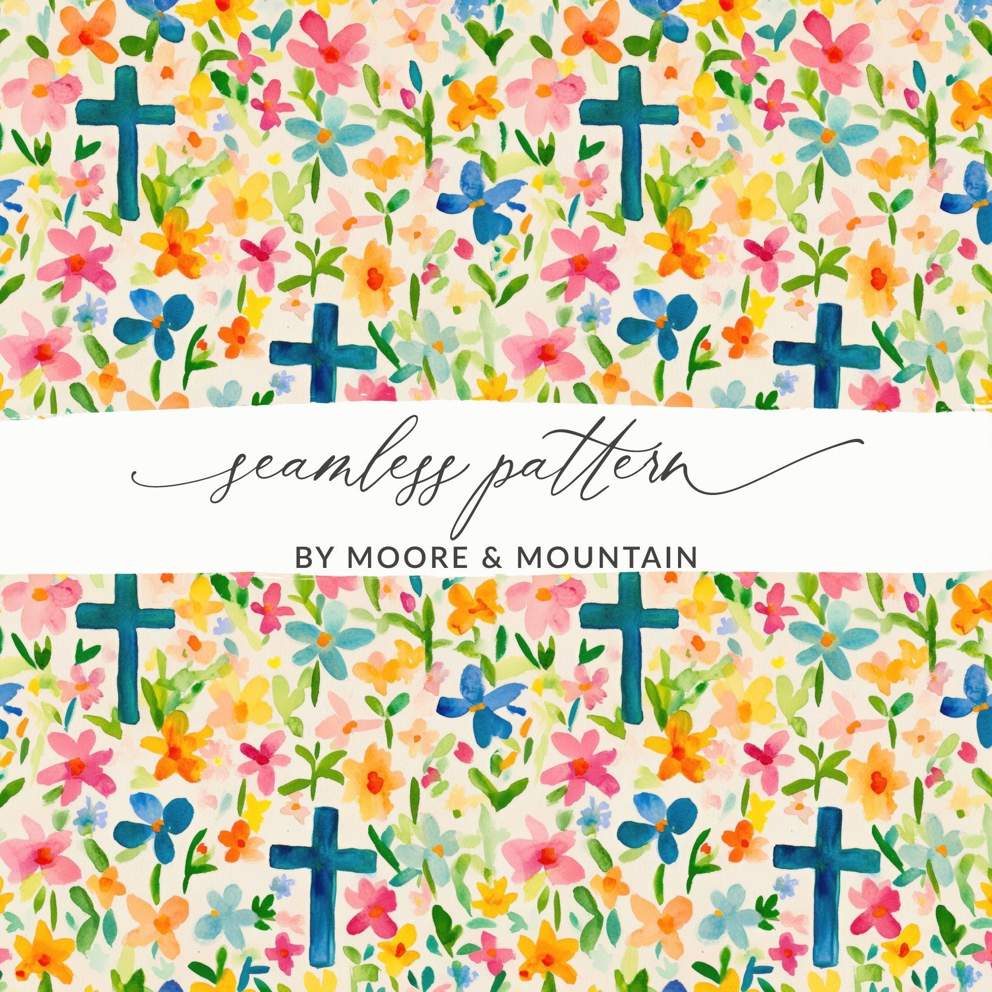 Spring Easter Floral Cross Seamless Pattern Digital Paper Pack, Watercolor Flowers Background Texture, Christian Themed Design, Printable Scrapbook - Moore and Mountain