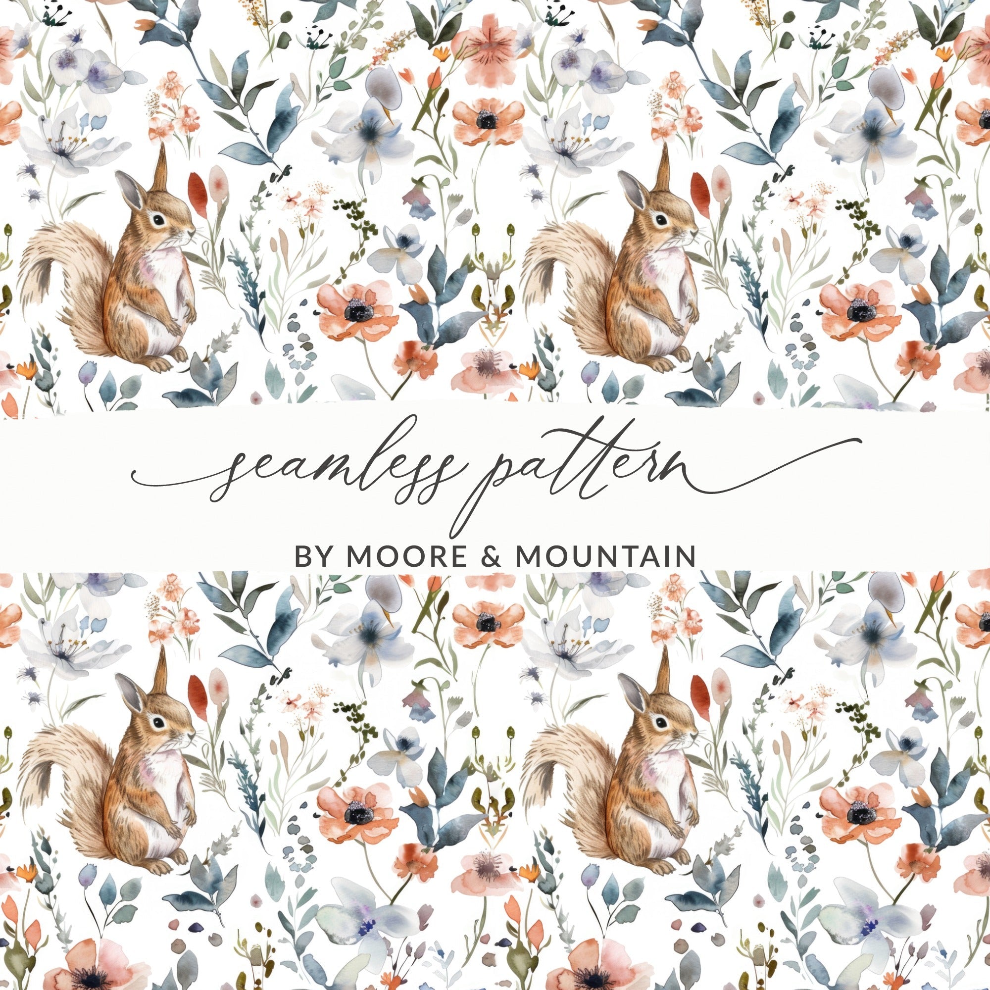 Squirrel Floral Seamless Pattern, Watercolor Flowers Digital Paper, Forest Animal Print, Fabric Design, Scrapbooking Paper, Tileable Art - Moore and Mountain