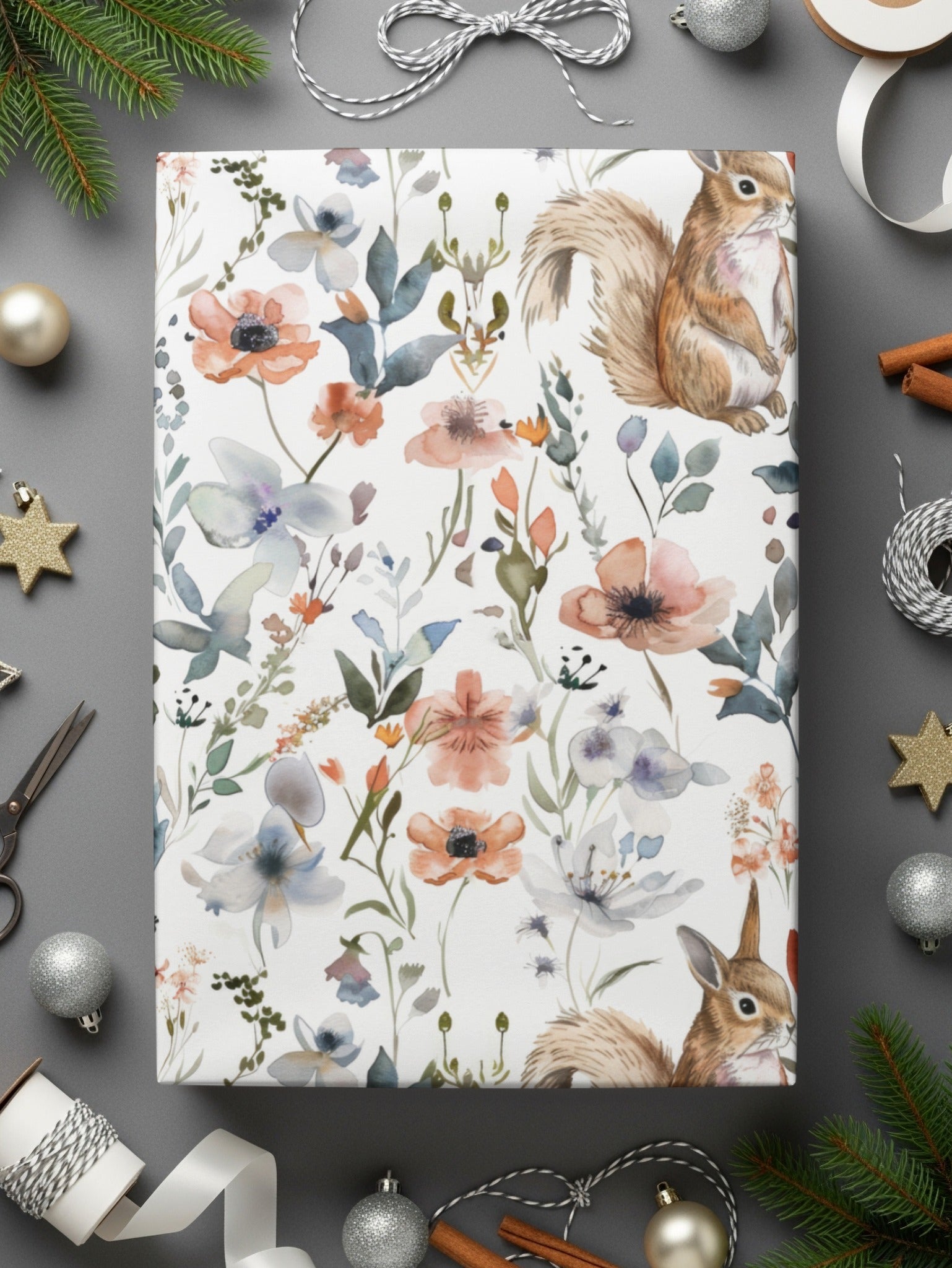 Squirrel Floral Seamless Pattern, Watercolor Flowers Digital Paper, Forest Animal Print, Fabric Design, Scrapbooking Paper, Tileable Art - Moore and Mountain