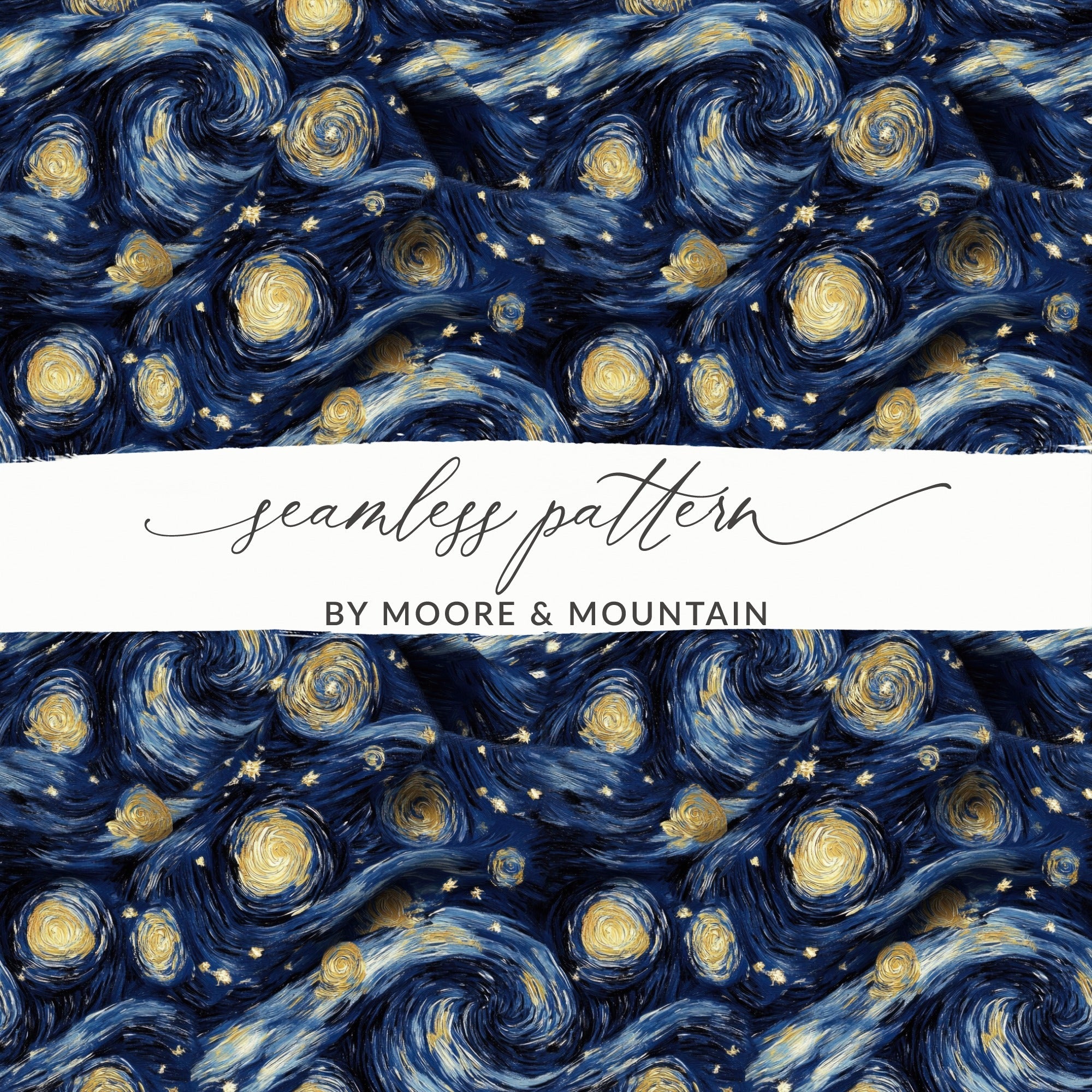 Starry Night Digital Paper, Van Gogh Style, Navy Blue and Gold, Abstract Celestial Art, Seamless Pattern, Digital Download - Moore and Mountain