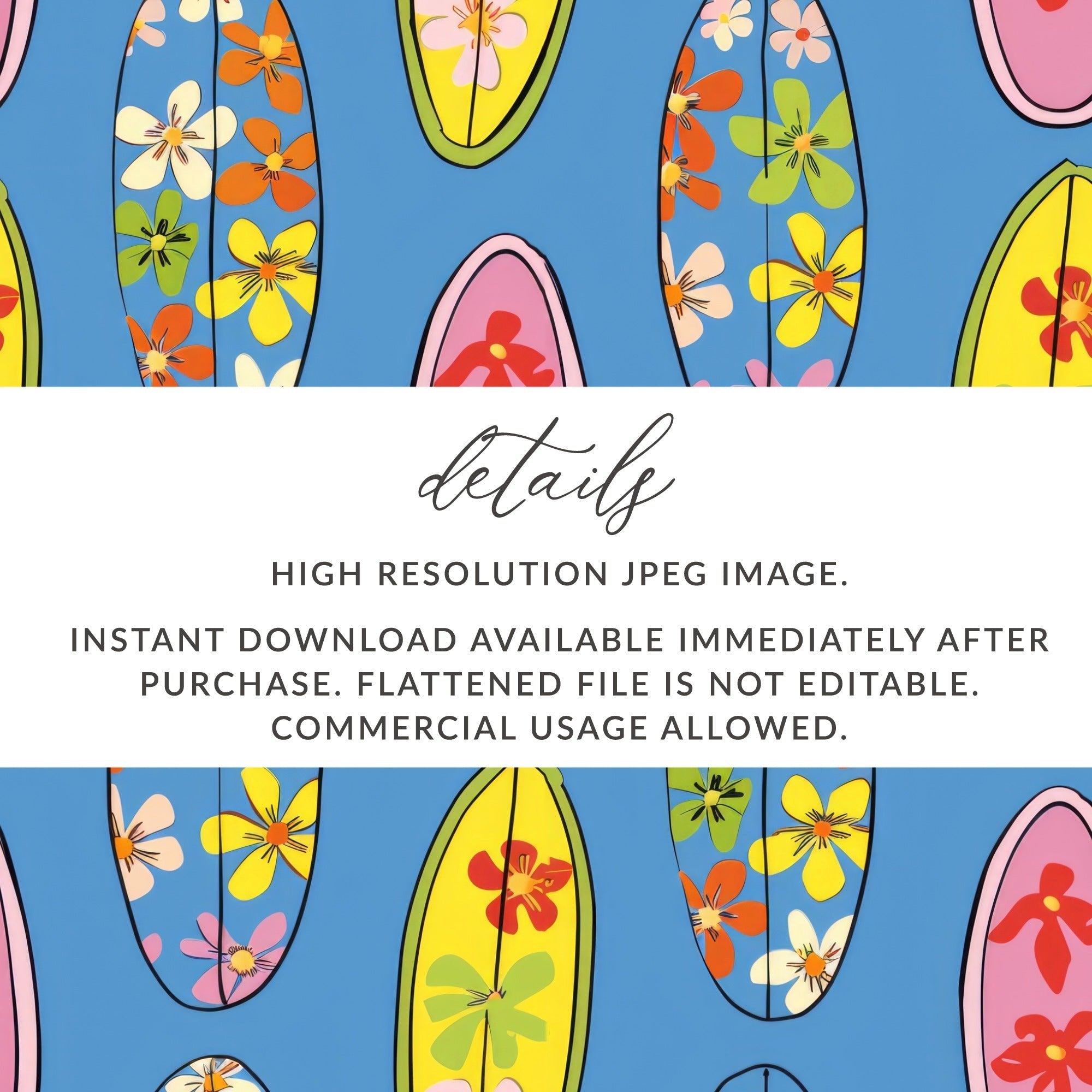 Surfboard Seamless Pattern Digital Paper, Hawaiian Floral Design, Tropical Summer Vibes, Repeating Pattern, 12x12 JPEG, Instant Download - Moore and Mountain