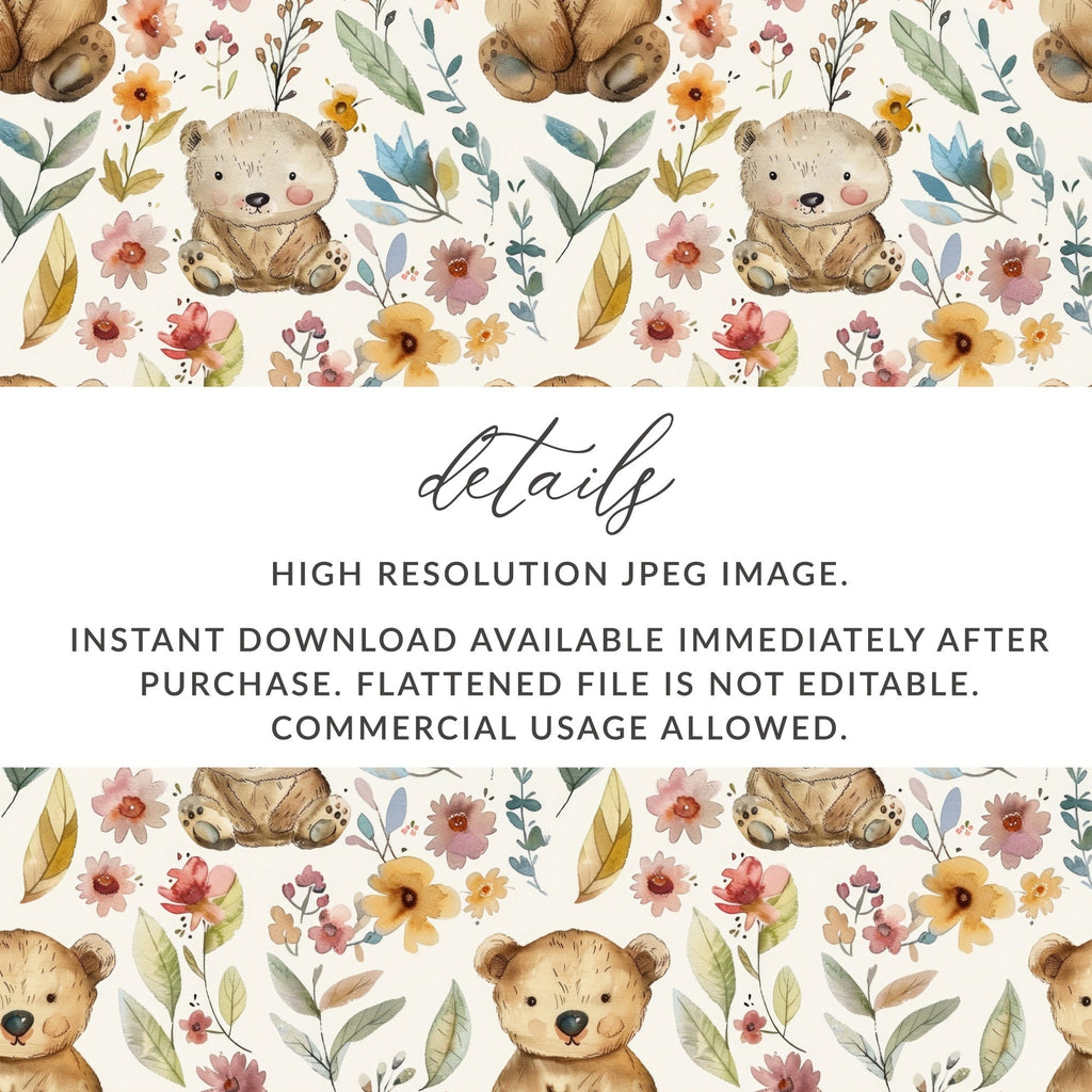 Teddy Bear Seamless Pattern, Floral Background, Digital Paper, Nursery Decor, Repeat Pattern, Cute Bear, Digital Download - Moore and Mountain