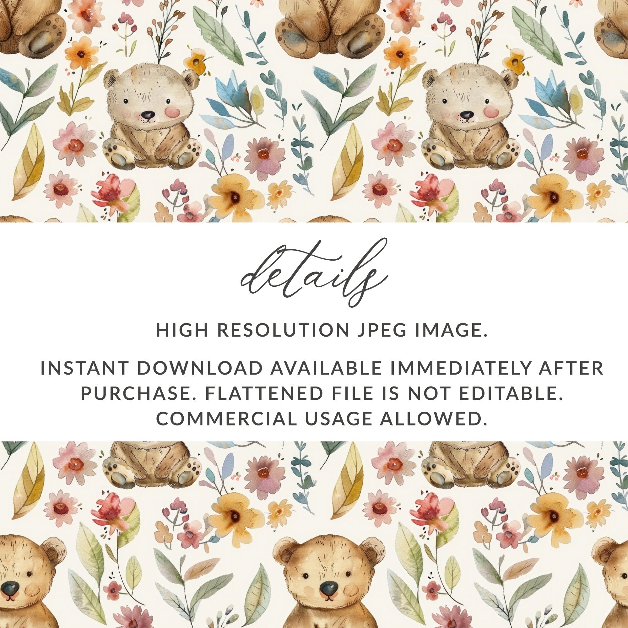 Teddy Bear Seamless Pattern, Floral Background, Digital Paper, Nursery Decor, Repeat Pattern, Cute Bear, Digital Download - Moore and Mountain