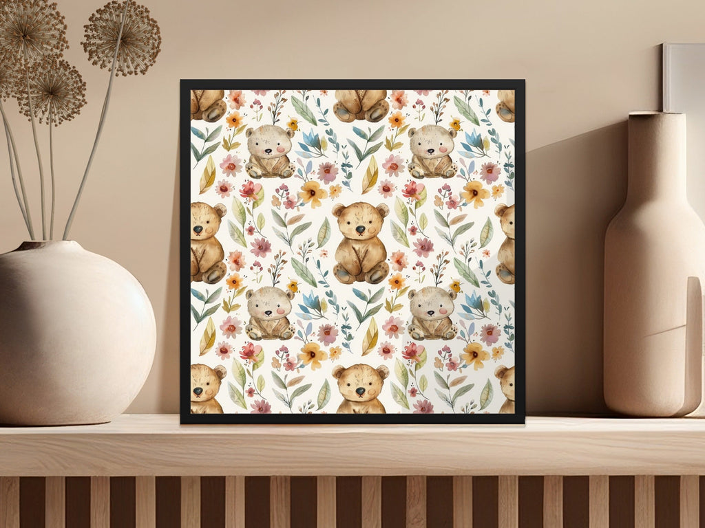 Teddy Bear Seamless Pattern, Floral Background, Digital Paper, Nursery Decor, Repeat Pattern, Cute Bear, Digital Download - Moore and Mountain