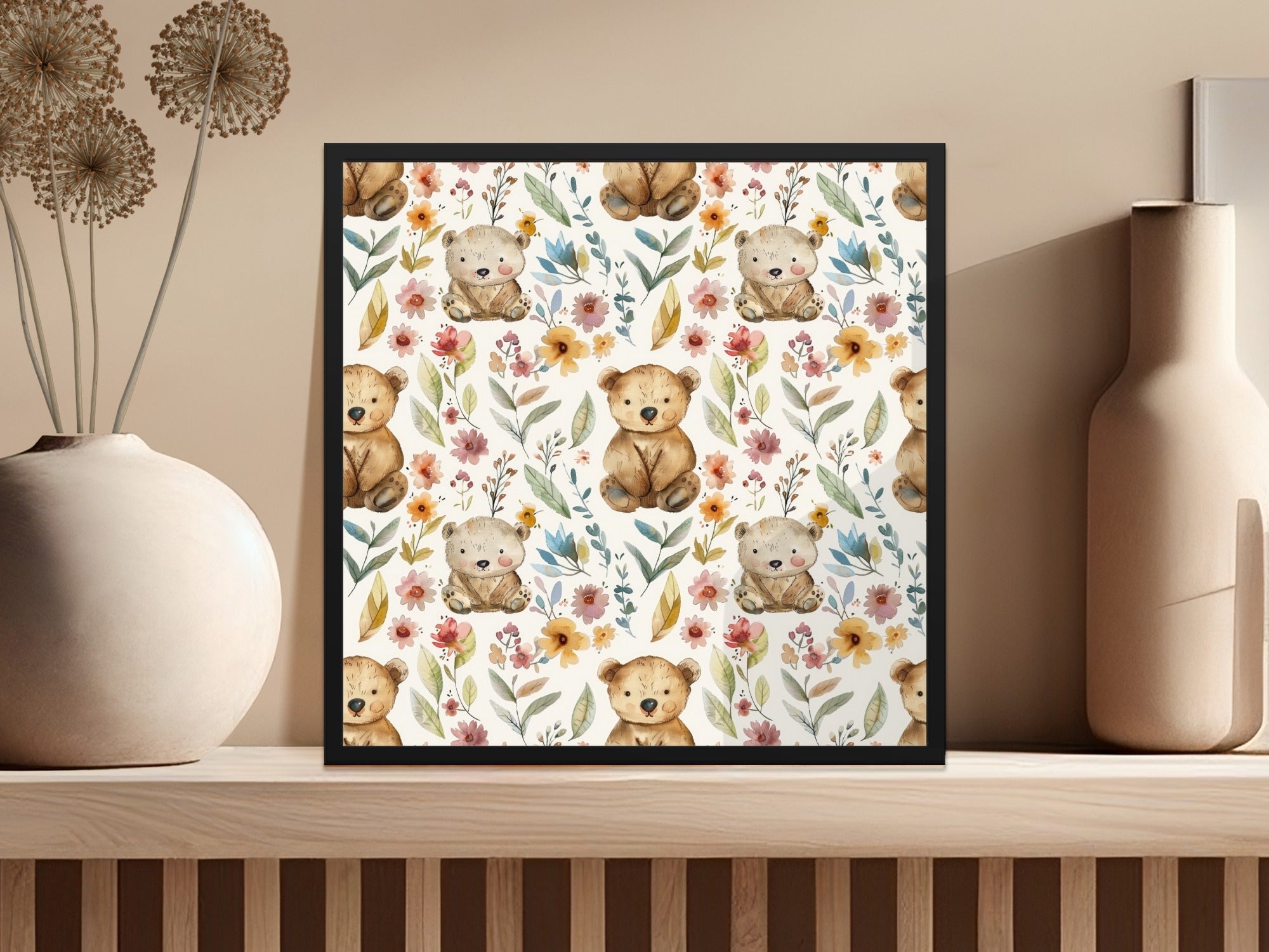 Teddy Bear Seamless Pattern, Floral Background, Digital Paper, Nursery Decor, Repeat Pattern, Cute Bear, Digital Download - Moore and Mountain