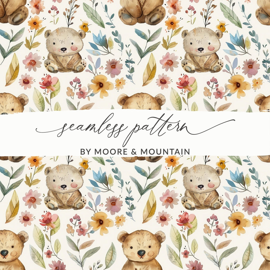 Teddy Bear Seamless Pattern, Floral Background, Digital Paper, Nursery Decor, Repeat Pattern, Cute Bear, Digital Download - Moore and Mountain