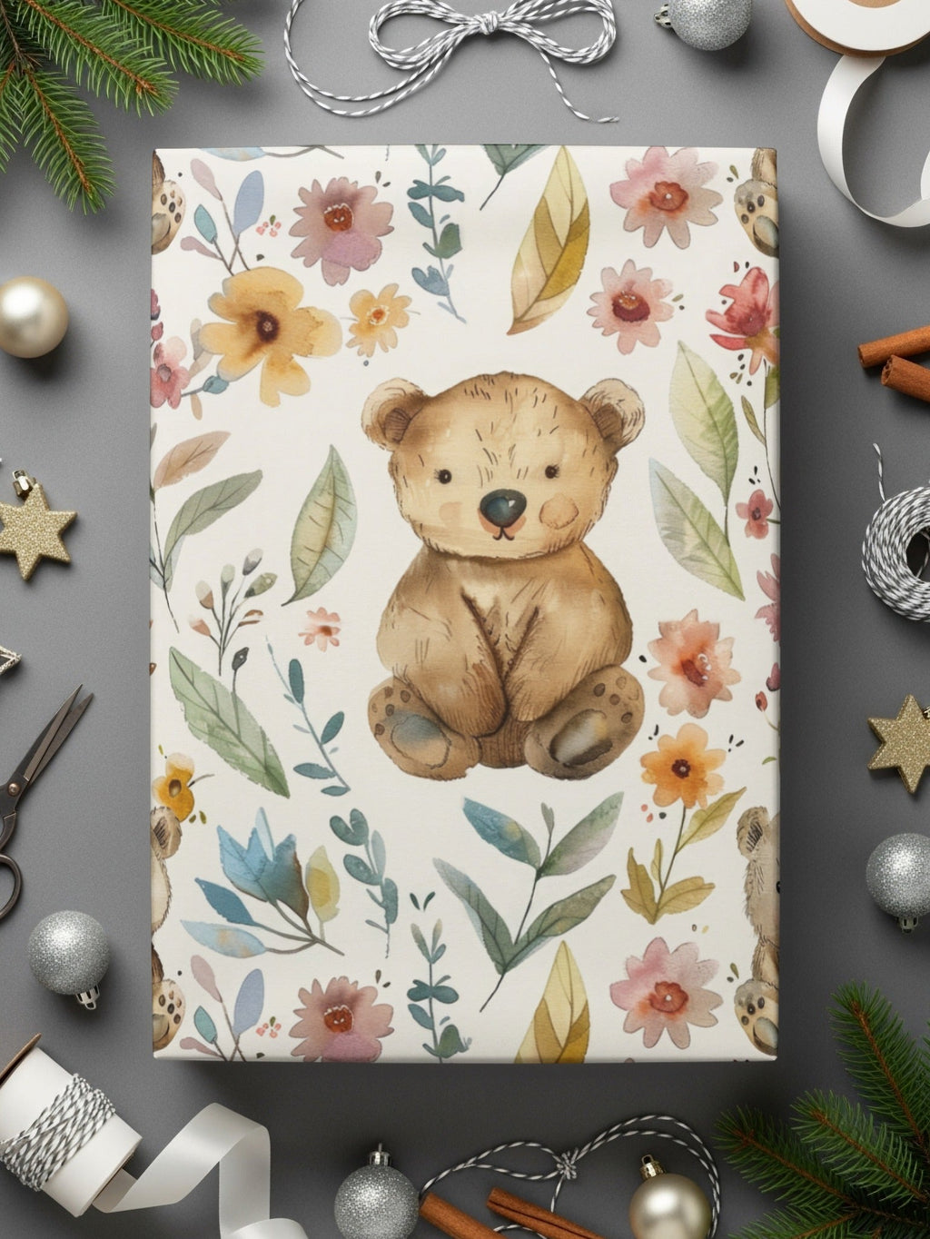 Teddy Bear Seamless Pattern, Floral Background, Digital Paper, Nursery Decor, Repeat Pattern, Cute Bear, Digital Download - Moore and Mountain