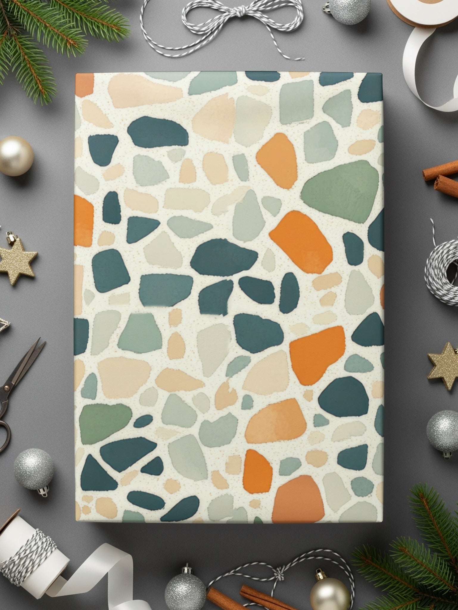 Terrazzo Digital Paper, Orange, Teal, Green Tile Pattern, Abstract Stone Texture, Neutral Background, Digital Download, Printable Paper - Moore and Mountain