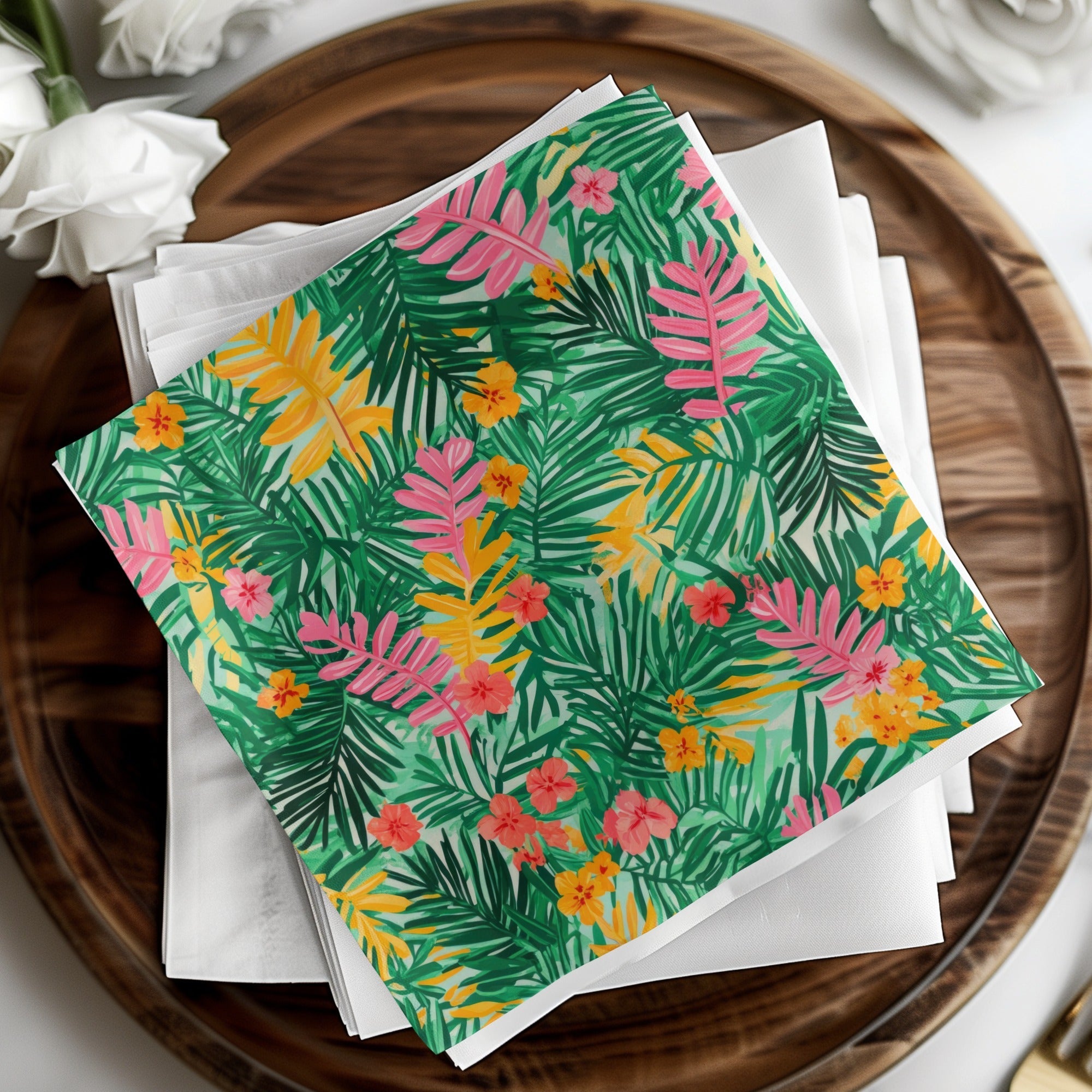 Tropical Digital Paper, Green Palm Leaf, Pink Floral Pattern, Summer Print, Abstract Background, Instant Download - Moore and Mountain