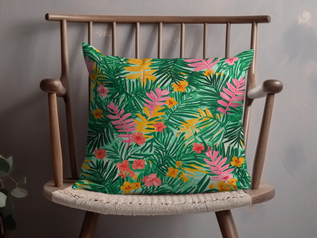 Tropical Digital Paper, Green Palm Leaf, Pink Floral Pattern, Summer Print, Abstract Background, Instant Download - Moore and Mountain