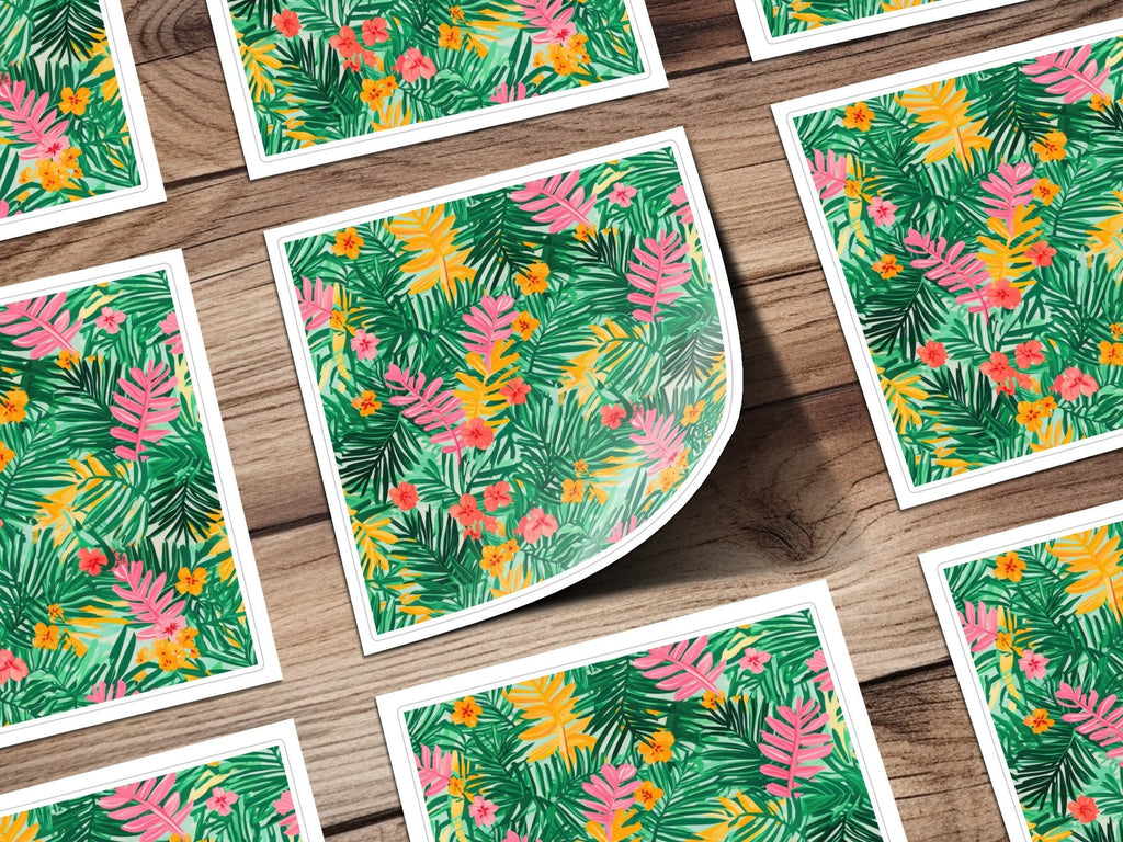 Tropical Digital Paper, Green Palm Leaf, Pink Floral Pattern, Summer Print, Abstract Background, Instant Download - Moore and Mountain