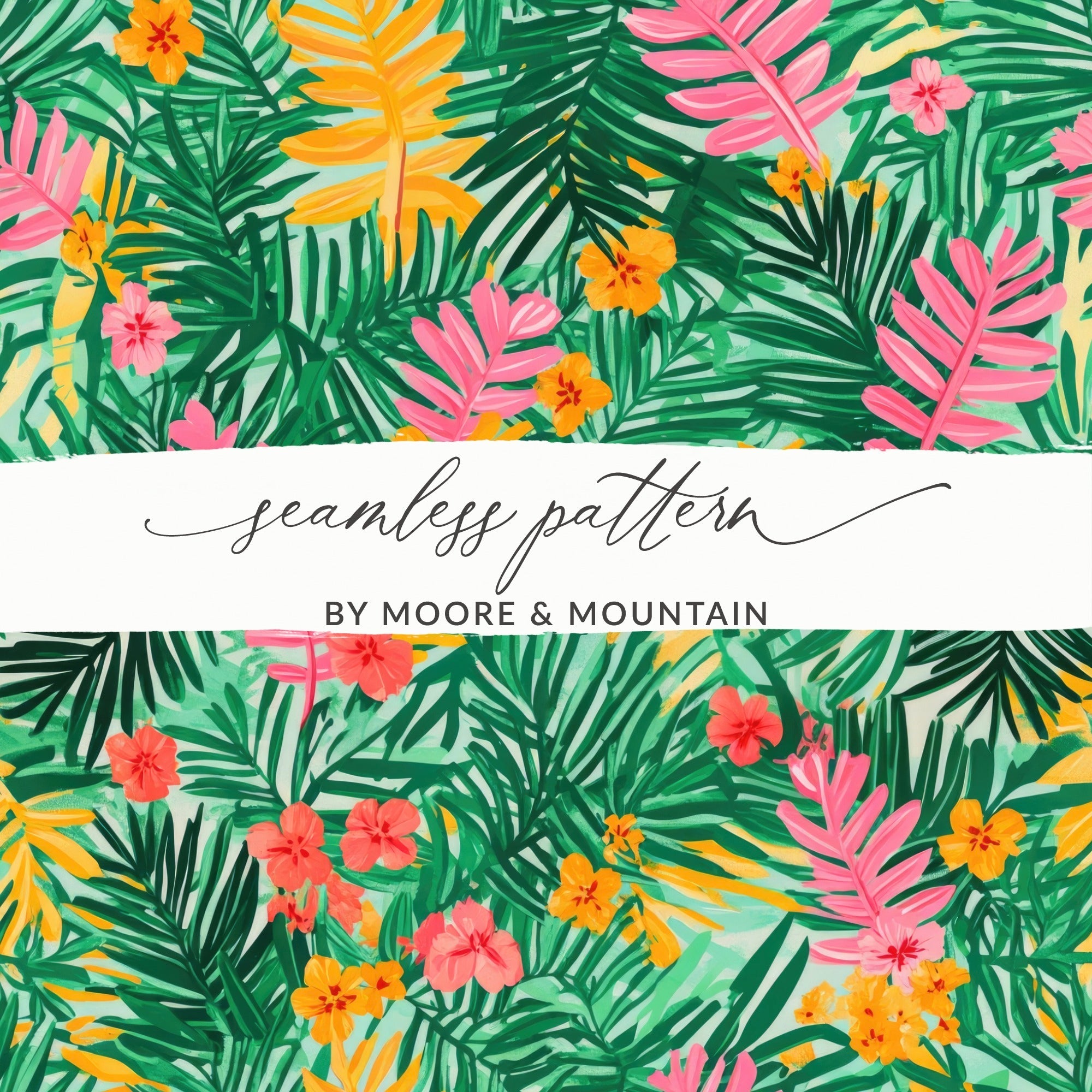 Tropical Digital Paper, Green Palm Leaf, Pink Floral Pattern, Summer Print, Abstract Background, Instant Download - Moore and Mountain