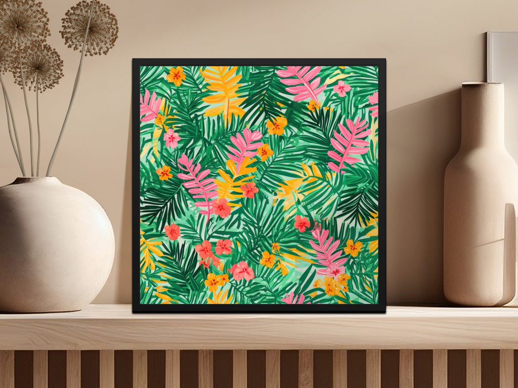 Tropical Digital Paper, Green Palm Leaf, Pink Floral Pattern, Summer Print, Abstract Background, Instant Download - Moore and Mountain