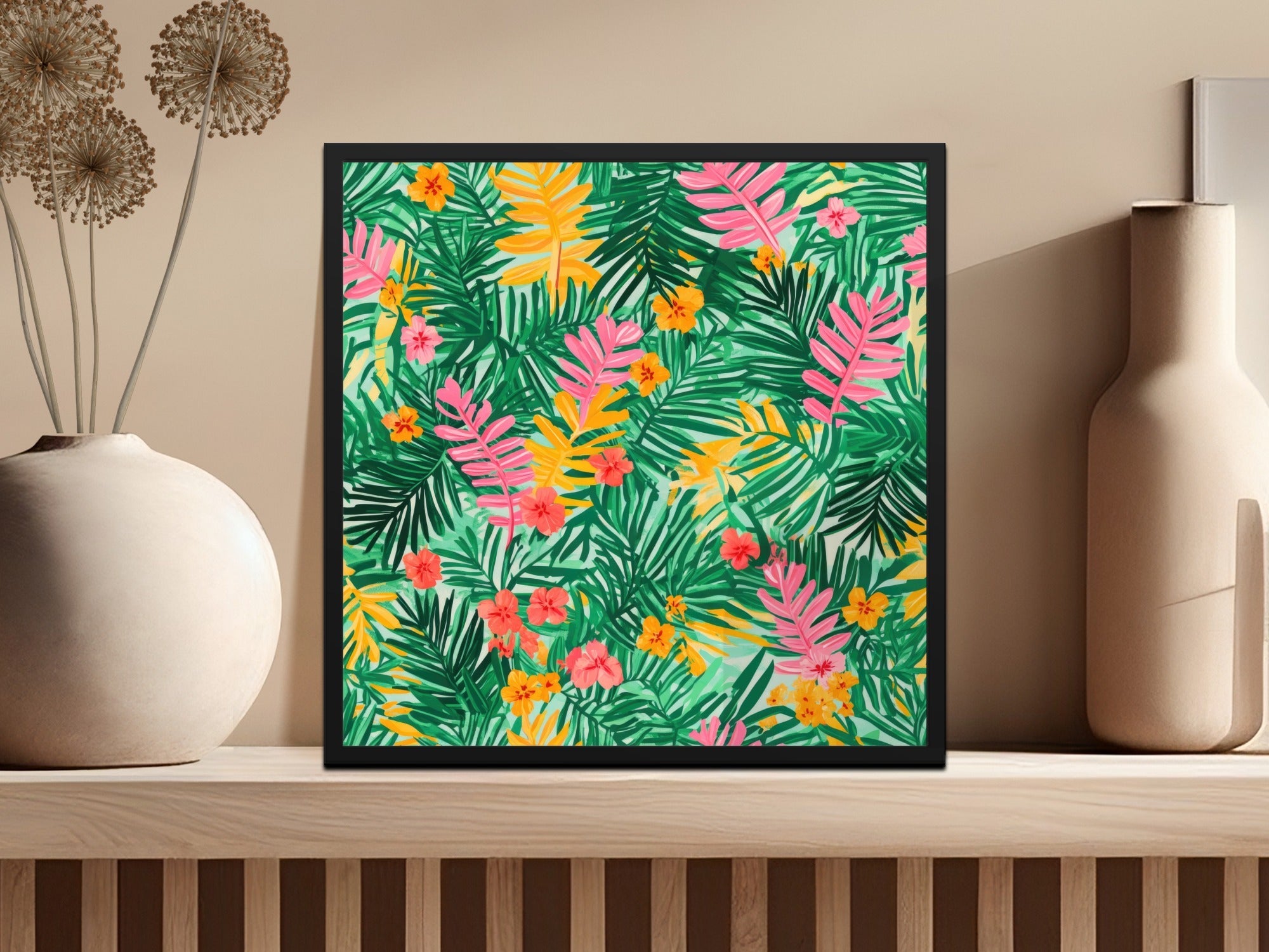 Tropical Digital Paper, Green Palm Leaf, Pink Floral Pattern, Summer Print, Abstract Background, Instant Download - Moore and Mountain