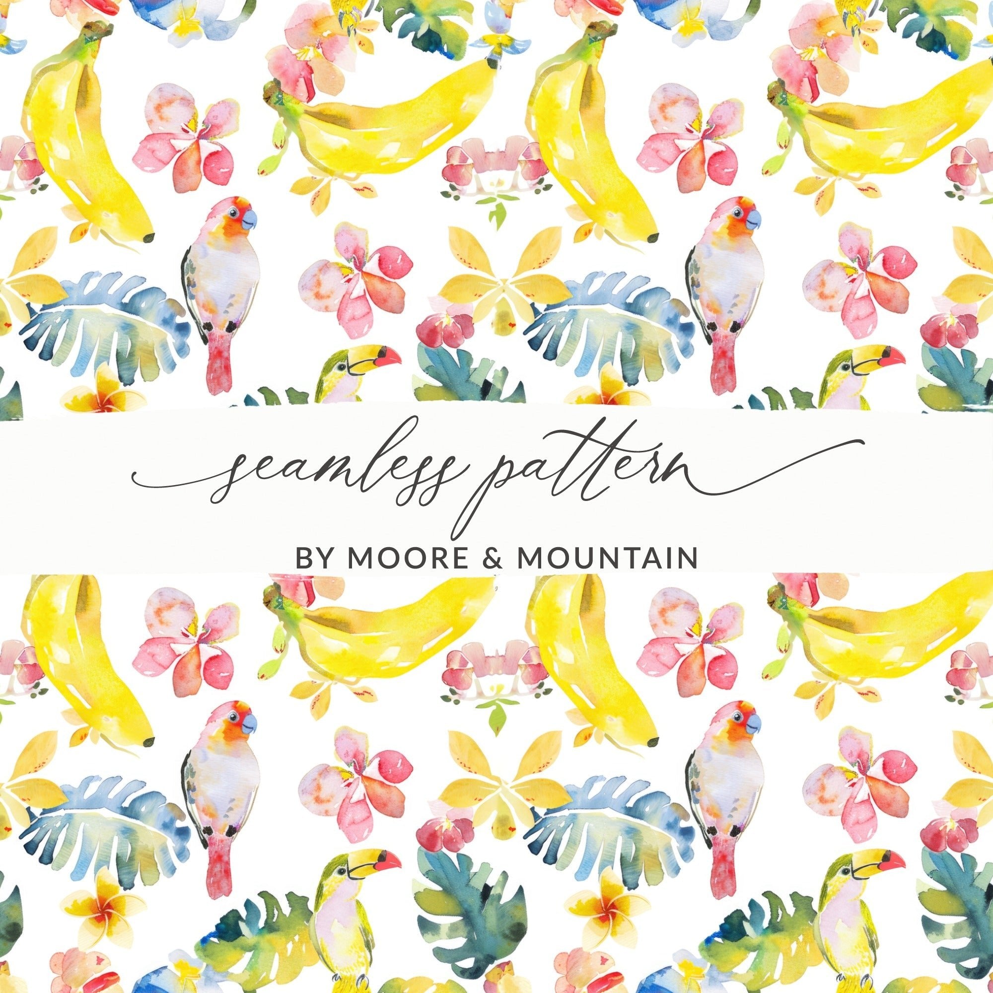 Tropical Digital Paper, Parrot Pattern, Banana Floral Background, Seamless File, Summer Print, Watercolor Design, Printable Pattern - Moore and Mountain
