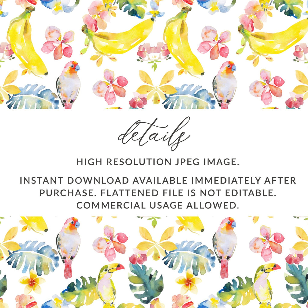 Tropical Digital Paper, Parrot Pattern, Banana Floral Background, Seamless File, Summer Print, Watercolor Design, Printable Pattern - Moore and Mountain