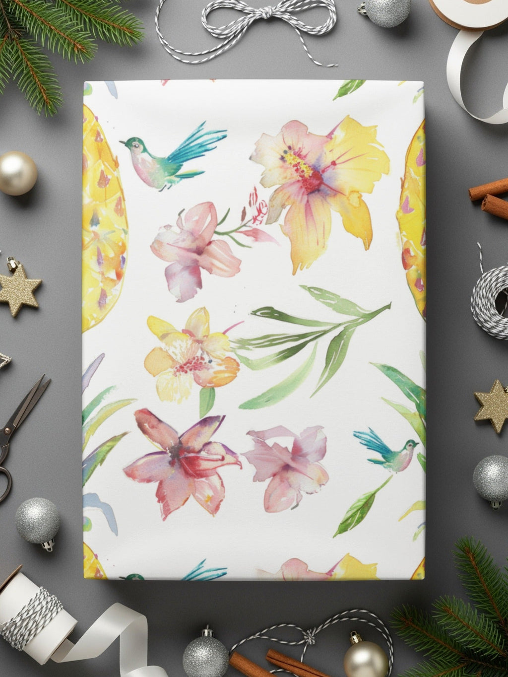 Tropical Pineapple Seamless Pattern, Watercolor Floral Digital Paper, Hibiscus Flower, Bird Design, Summer Background, Digital - Moore and Mountain