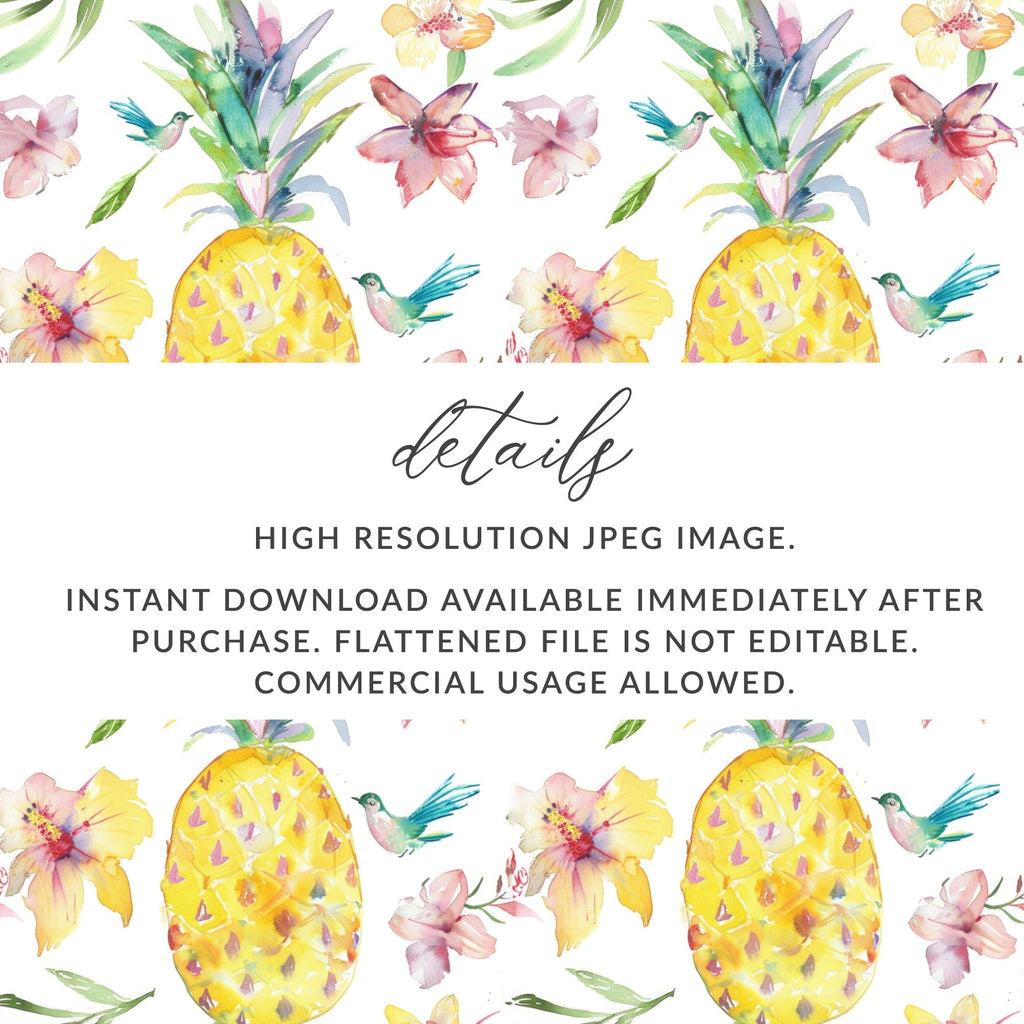 Tropical Pineapple Seamless Pattern, Watercolor Floral Digital Paper, Hibiscus Flower, Bird Design, Summer Background, Digital - Moore and Mountain