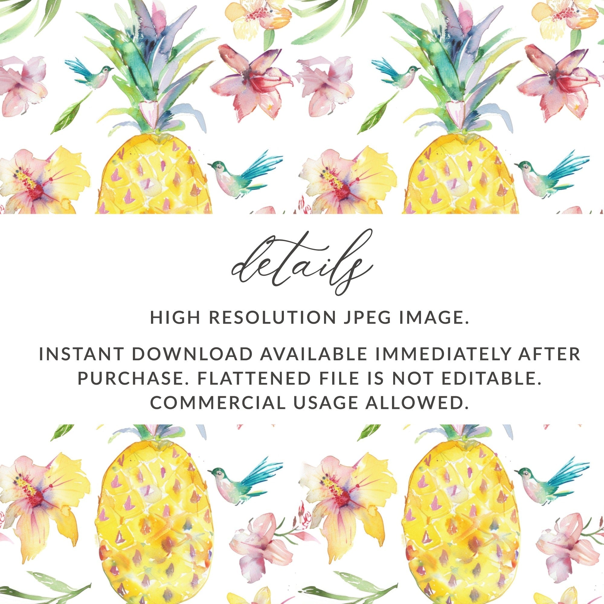 Tropical Pineapple Seamless Pattern, Watercolor Floral Digital Paper, Hibiscus Flower, Bird Design, Summer Background, Digital - Moore and Mountain
