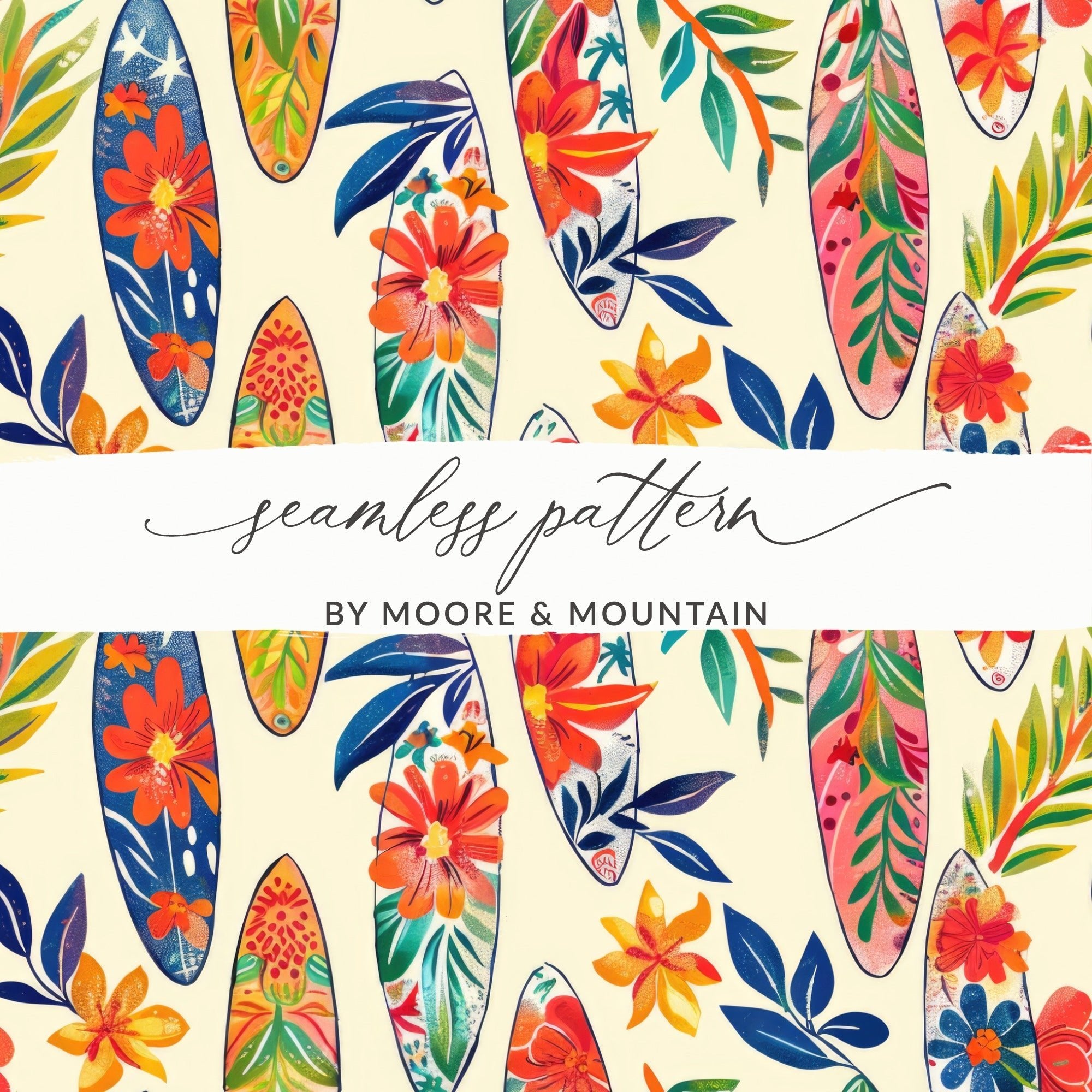 Tropical Surfboard Digital Paper, Floral Seamless Pattern, Summer Vibe, Surfing Clipart, Beach Pattern Digital, Hawaiian Design - Moore and Mountain