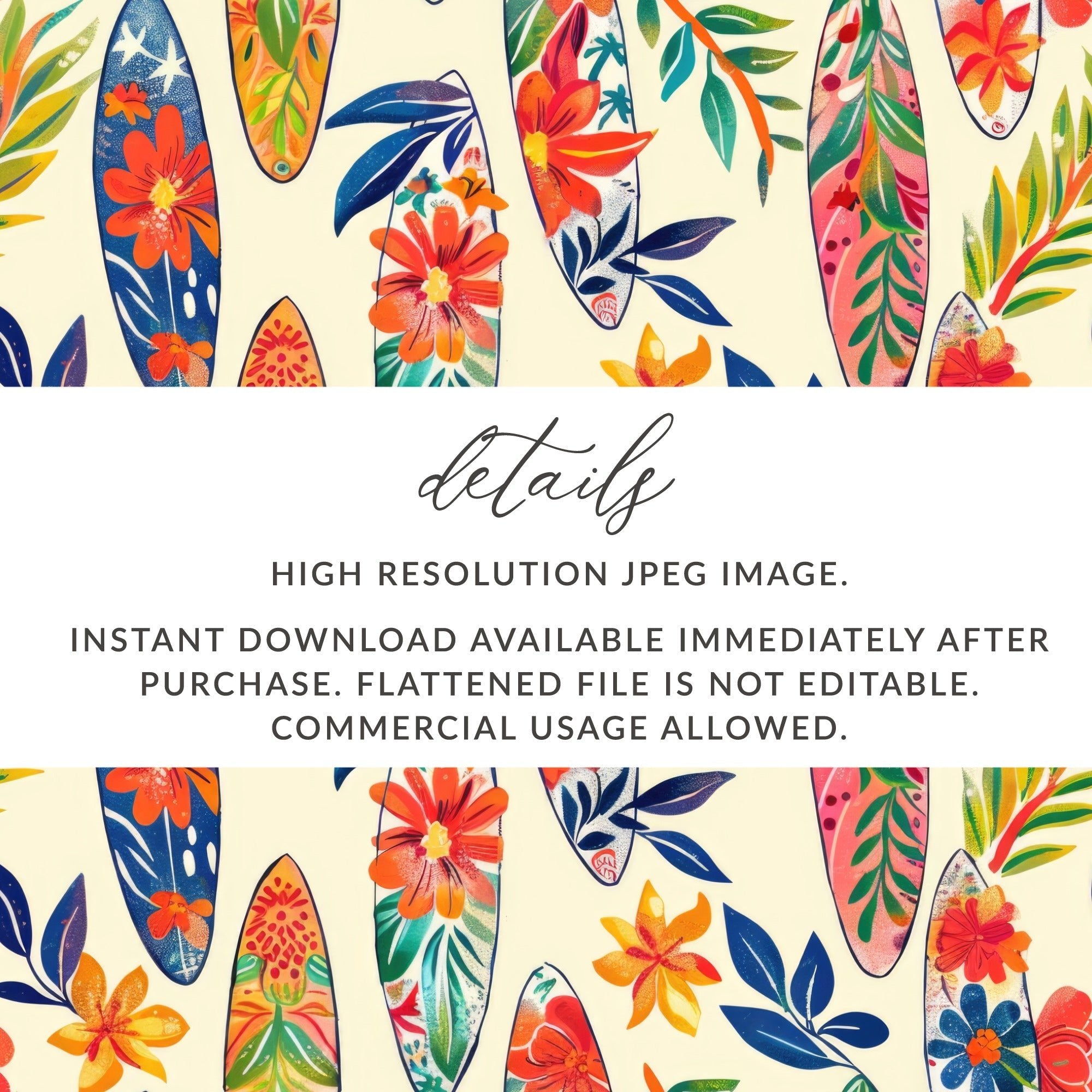 Tropical Surfboard Digital Paper, Floral Seamless Pattern, Summer Vibe, Surfing Clipart, Beach Pattern Digital, Hawaiian Design - Moore and Mountain
