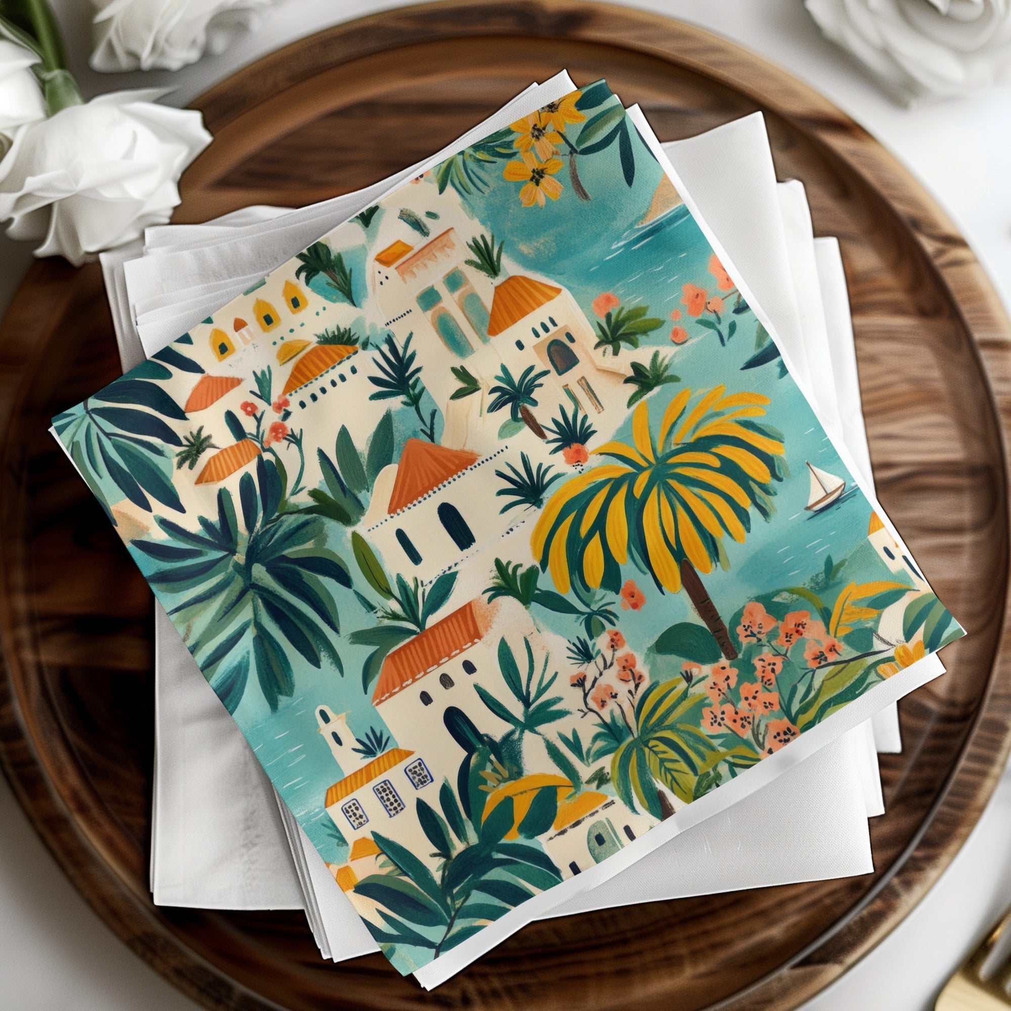 Tropical Town Digital Paper, Mediterranean Seamless Pattern, Coastal Townscape, Beach Vacation Digital Download, Printable Art, Summer - Moore and Mountain