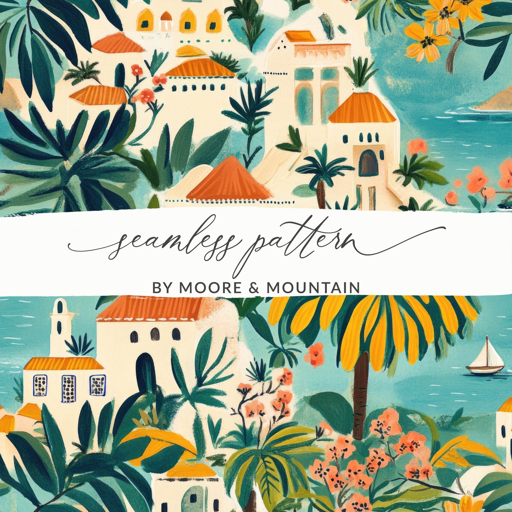 Tropical Town Digital Paper, Mediterranean Seamless Pattern, Coastal Townscape, Beach Vacation Digital Download, Printable Art, Summer - Moore and Mountain