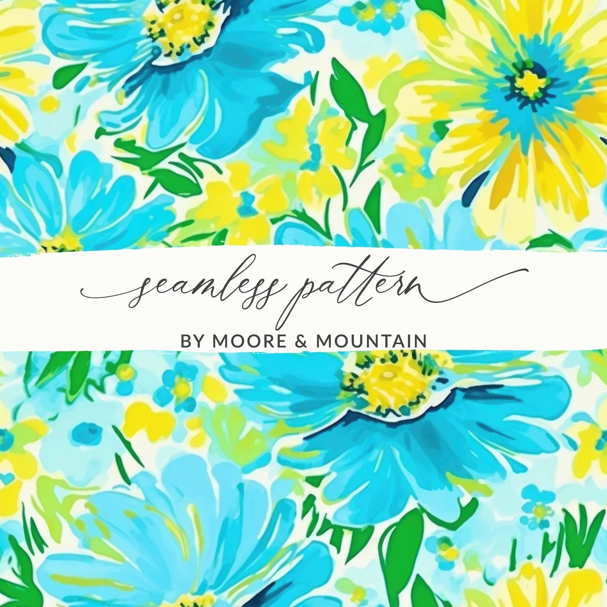 Turquoise Ditsy Floral Pattern, Seamless Flower Design, Yellow Flowers Print, Digital Paper Pack, Printable Fabric Design, Surface Pattern - Moore and Mountain