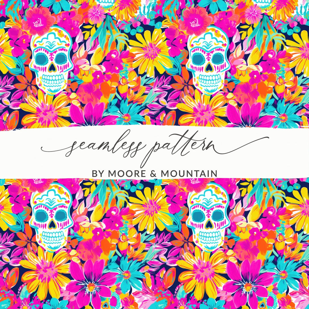 Vibrant Pink Sugar Skull Seamless Fall Pattern Digital - Moore and Mountain